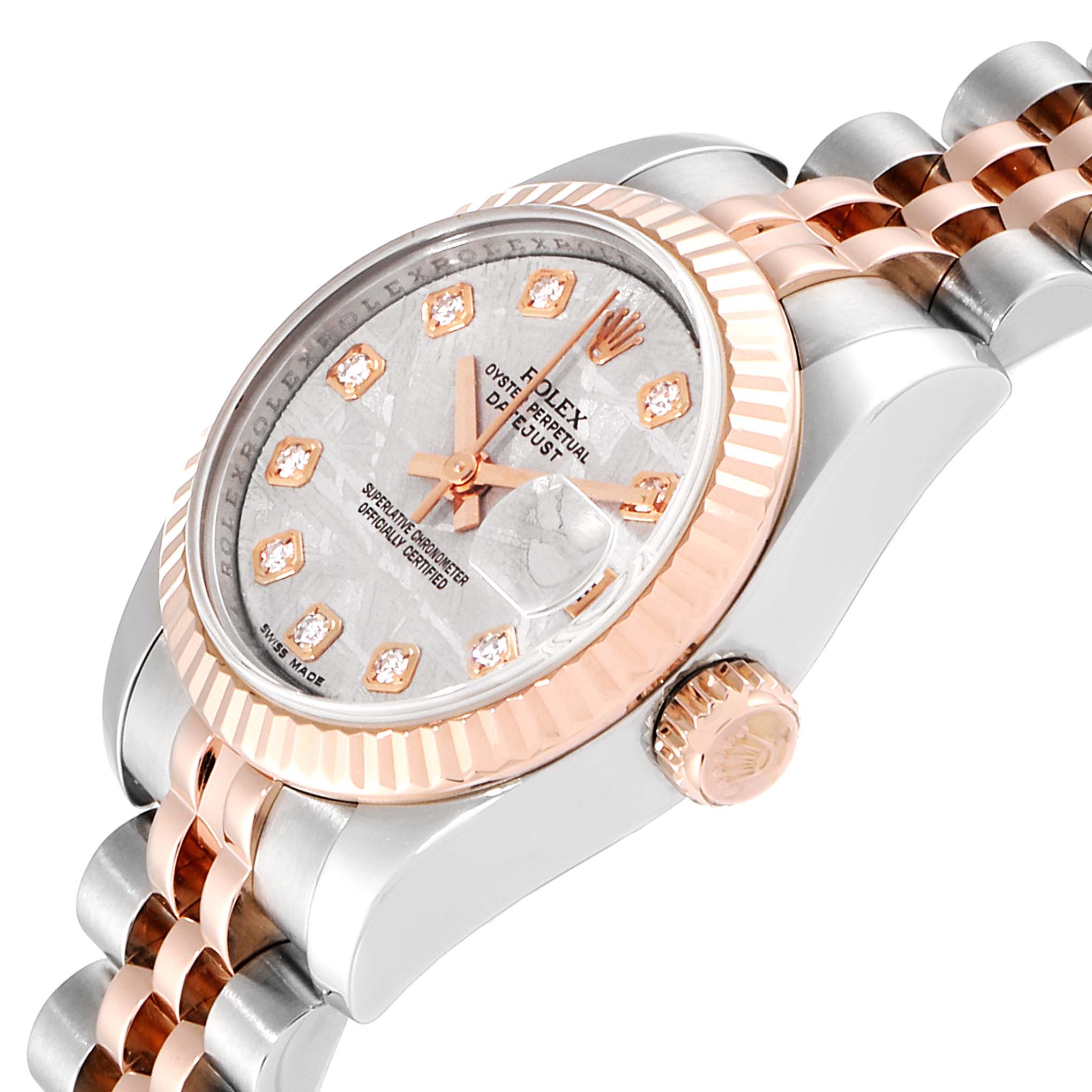 The image shows a close-up, angled view of a Rolex Datejust 179171 Women's Steel and Gold (two tone) Silver Dial 179171 Women's Steel and Gold (two tone) Silver Dial watch, highlighting its face, bezel, crown, and bracelet.