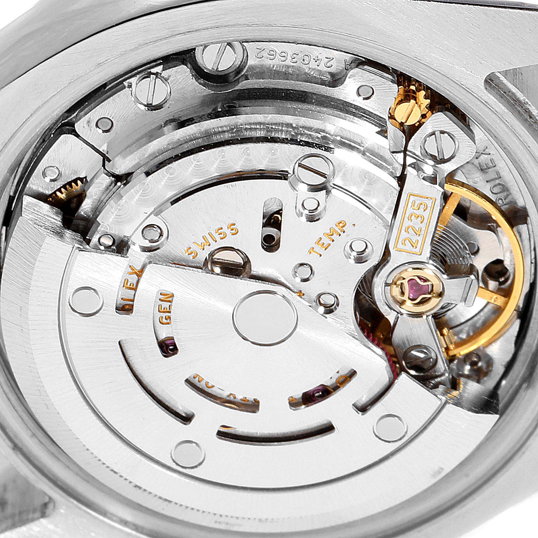 This image shows the intricate movement mechanism of a Rolex Datejust 179171 Women's Steel and Gold (two tone) Silver Dial 179171 Women's Steel and Gold (two tone) Silver Dial watch from the back.