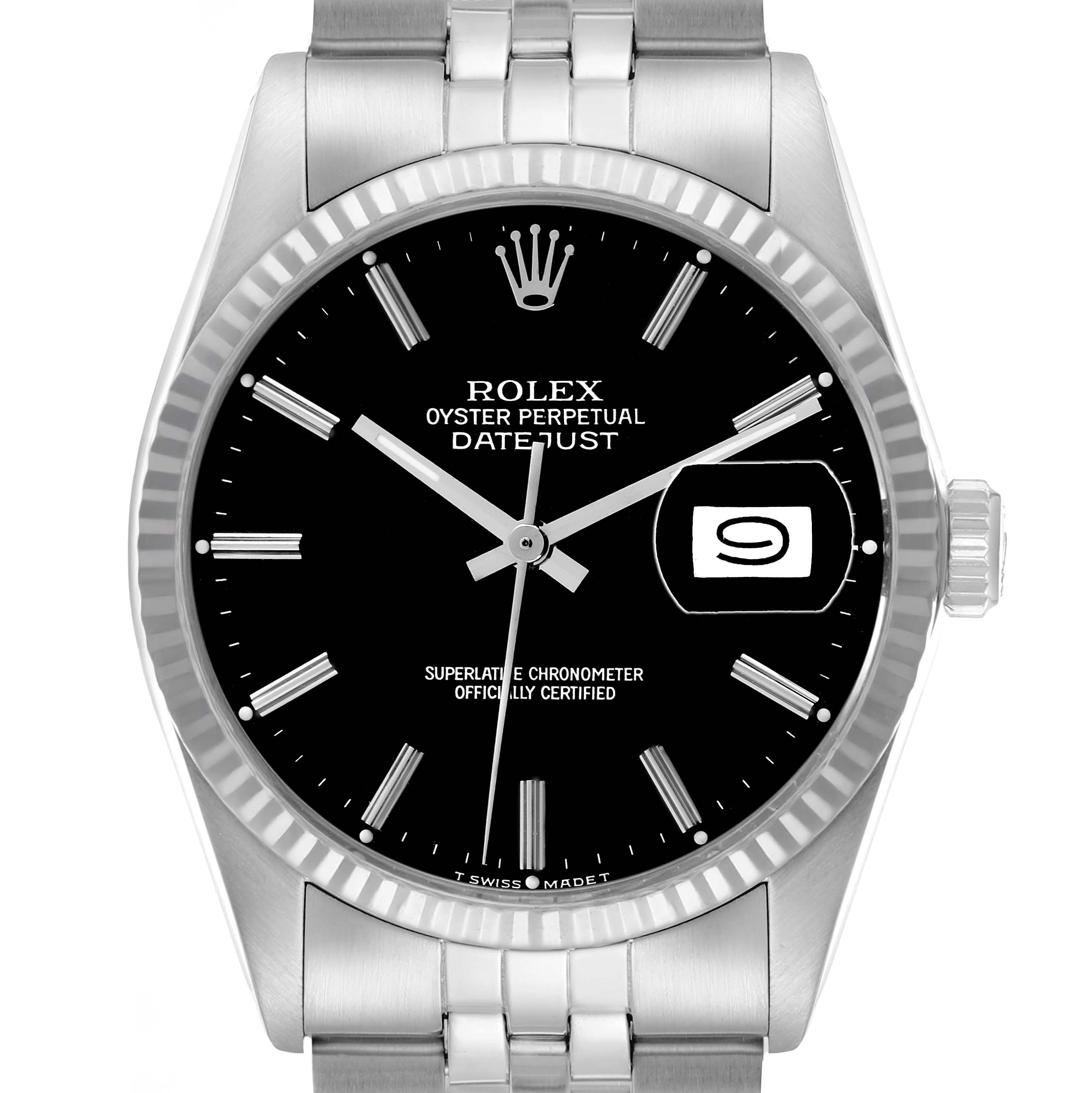The Rolex Vintage Collection 16014 Men
s Stainless Steel Black Dial model is shown from a front angle, displaying the dial, bezel, hands, and bracelet top.