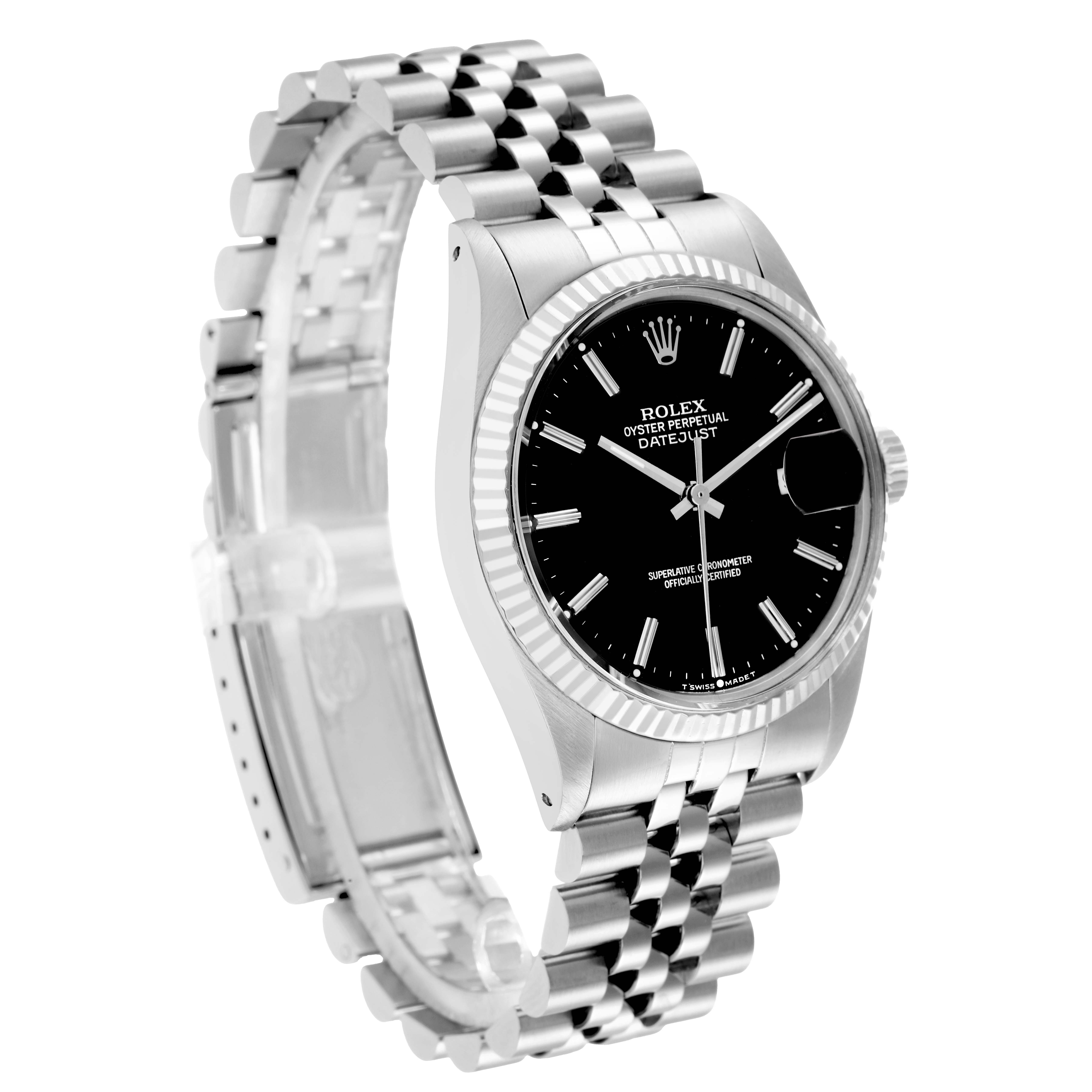 The Rolex Vintage Collection 16014 Men
s Stainless Steel Black Dial watch is shown at an angled view, highlighting the bracelet, bezel, and dial with a visible crown.