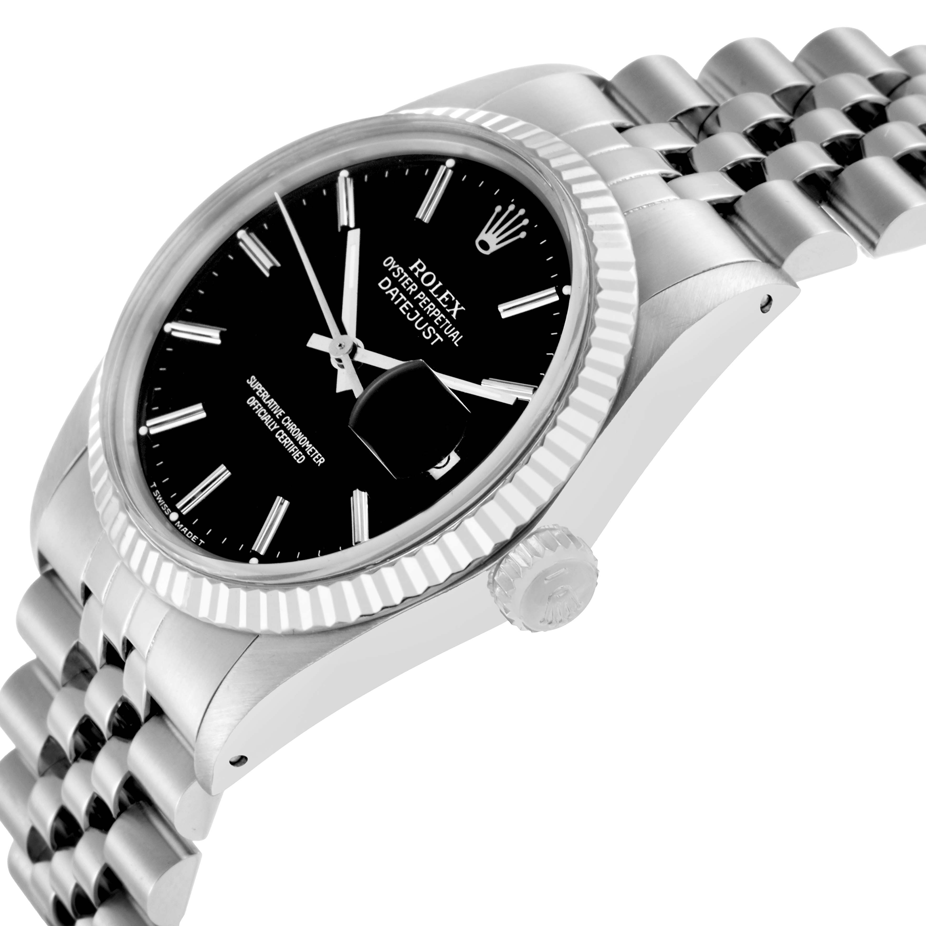 The Rolex Vintage Collection 16014 Men
s Stainless Steel Black Dial watch is shown at an angle highlighting the dial, bezel, crown, and part of the bracelet.