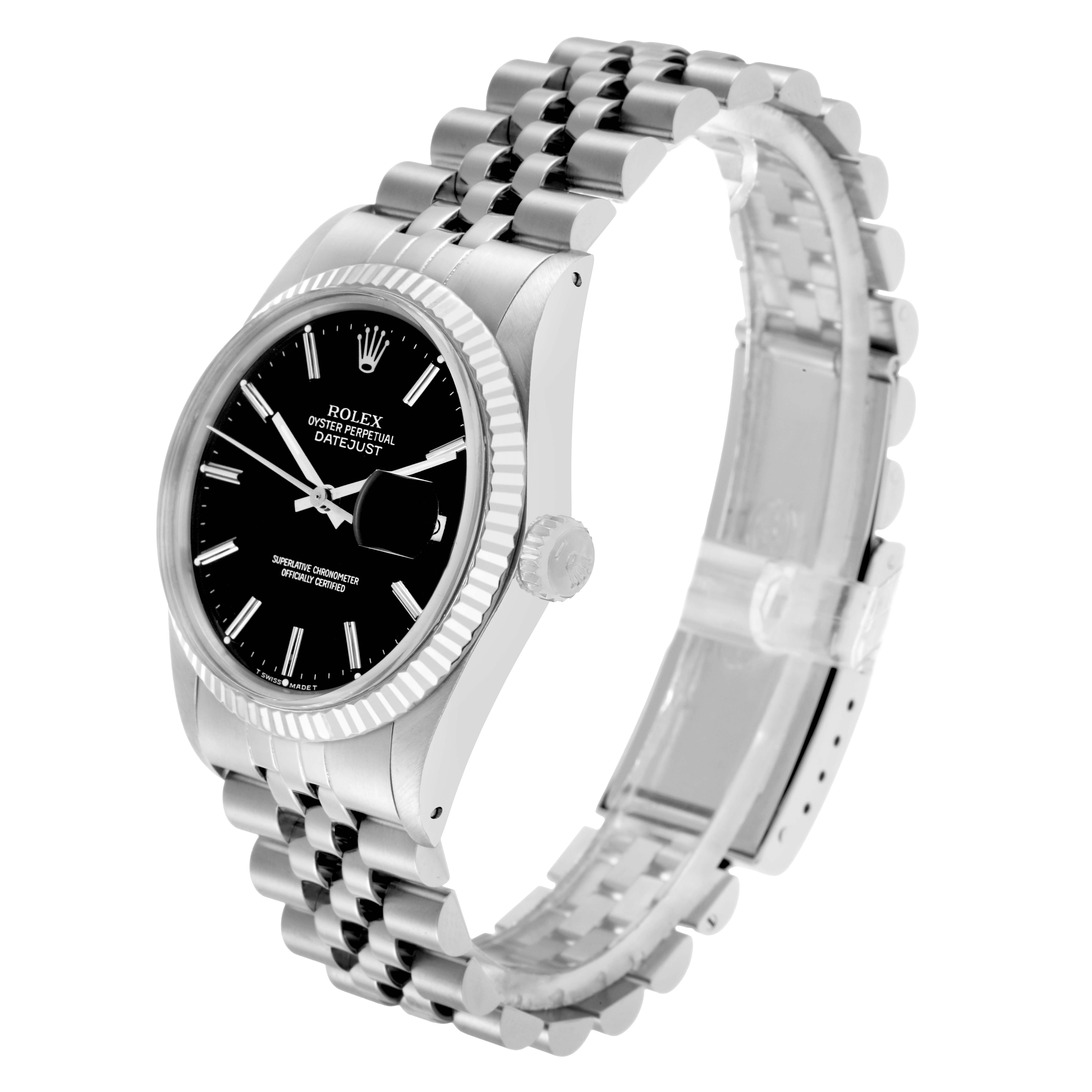 The Rolex Vintage Collection 16014 Men
s Stainless Steel Black Dial watch is shown from a side angle, displaying the dial, case, crown, and bracelet.