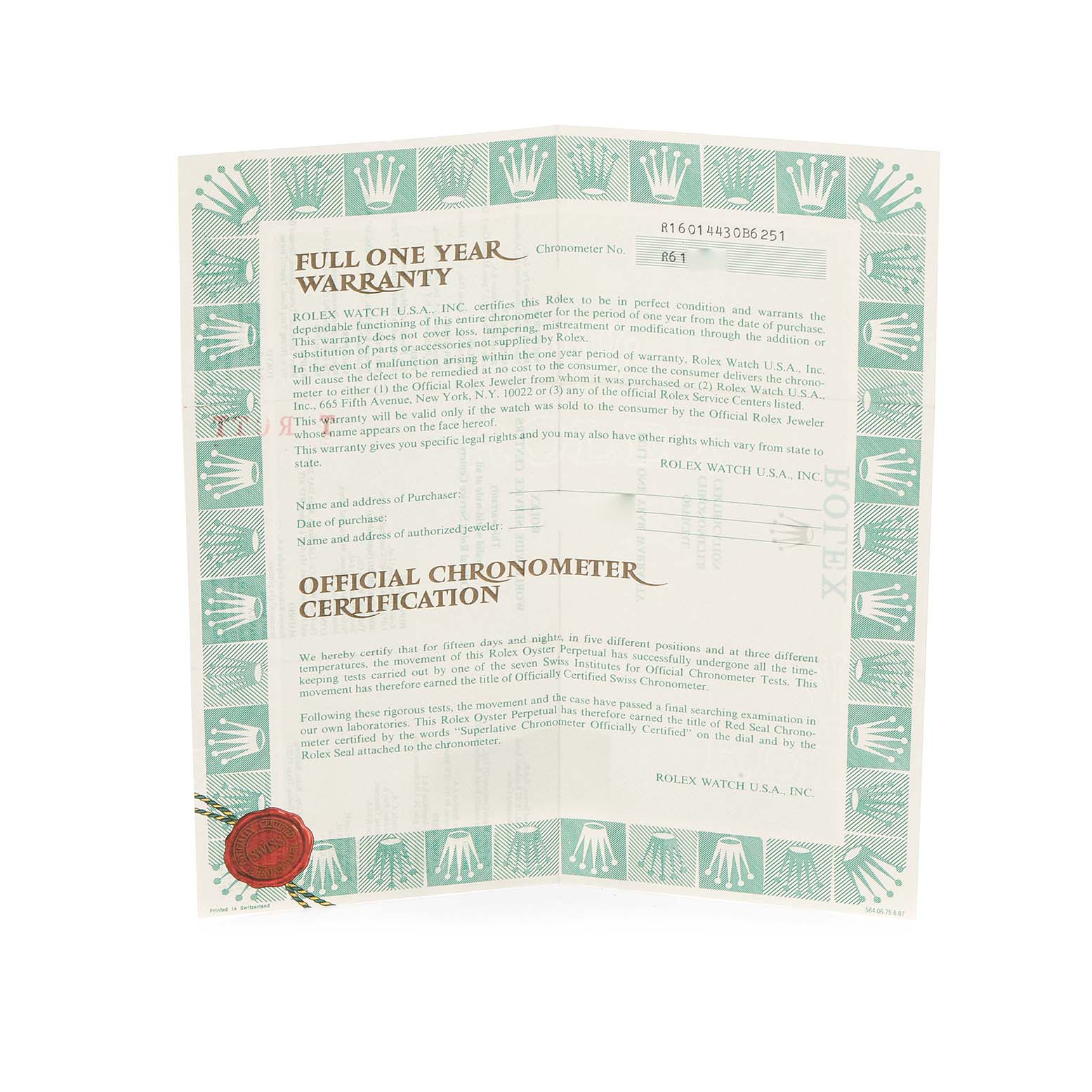 The image shows a warranty and certification document for the Rolex Vintage Collection 16014 Men
s Stainless Steel Black Dial model.