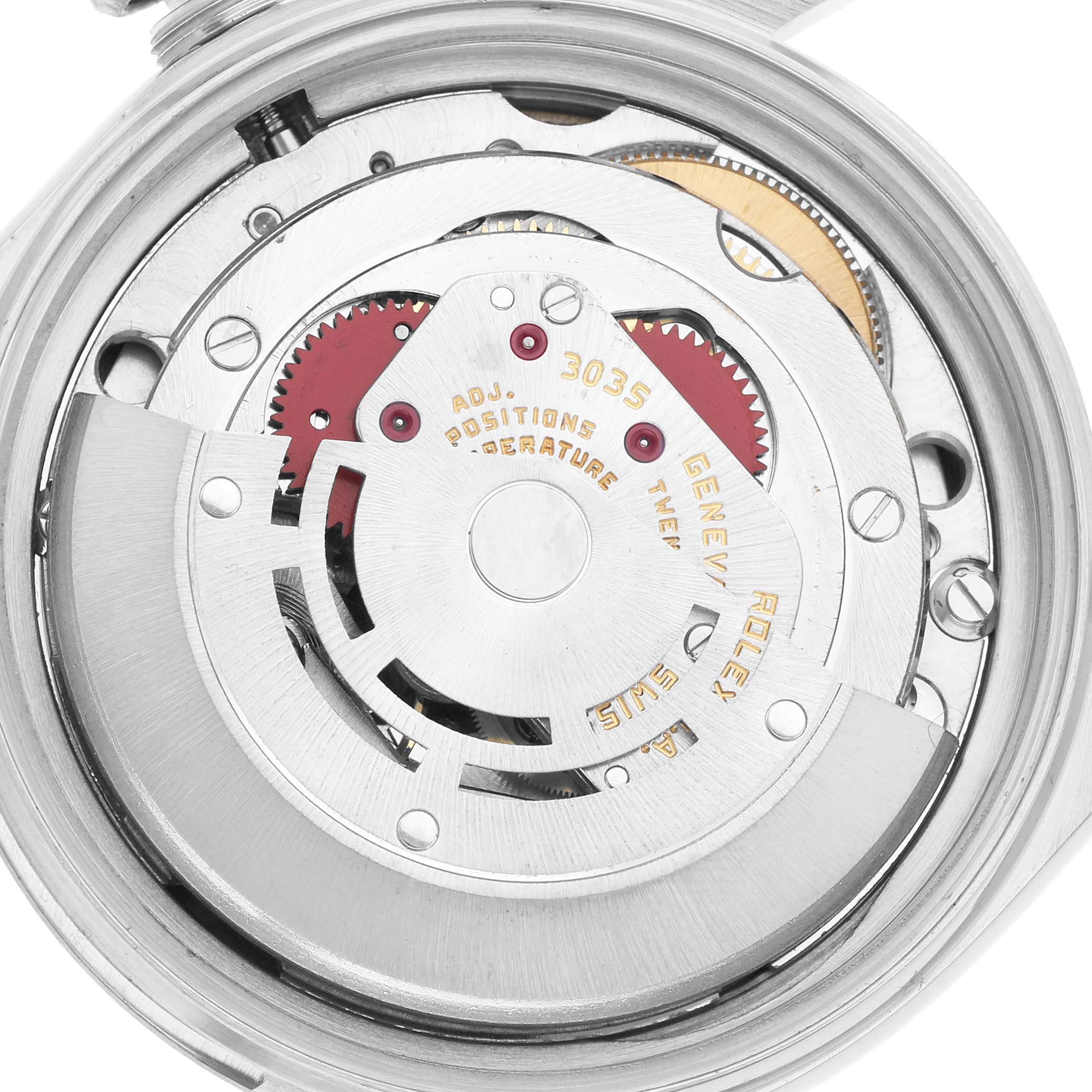 The image shows the movement of a Rolex Vintage Collection 16014 Men
s Stainless Steel Black Dial model, focusing on the rotor and gears from the underside.