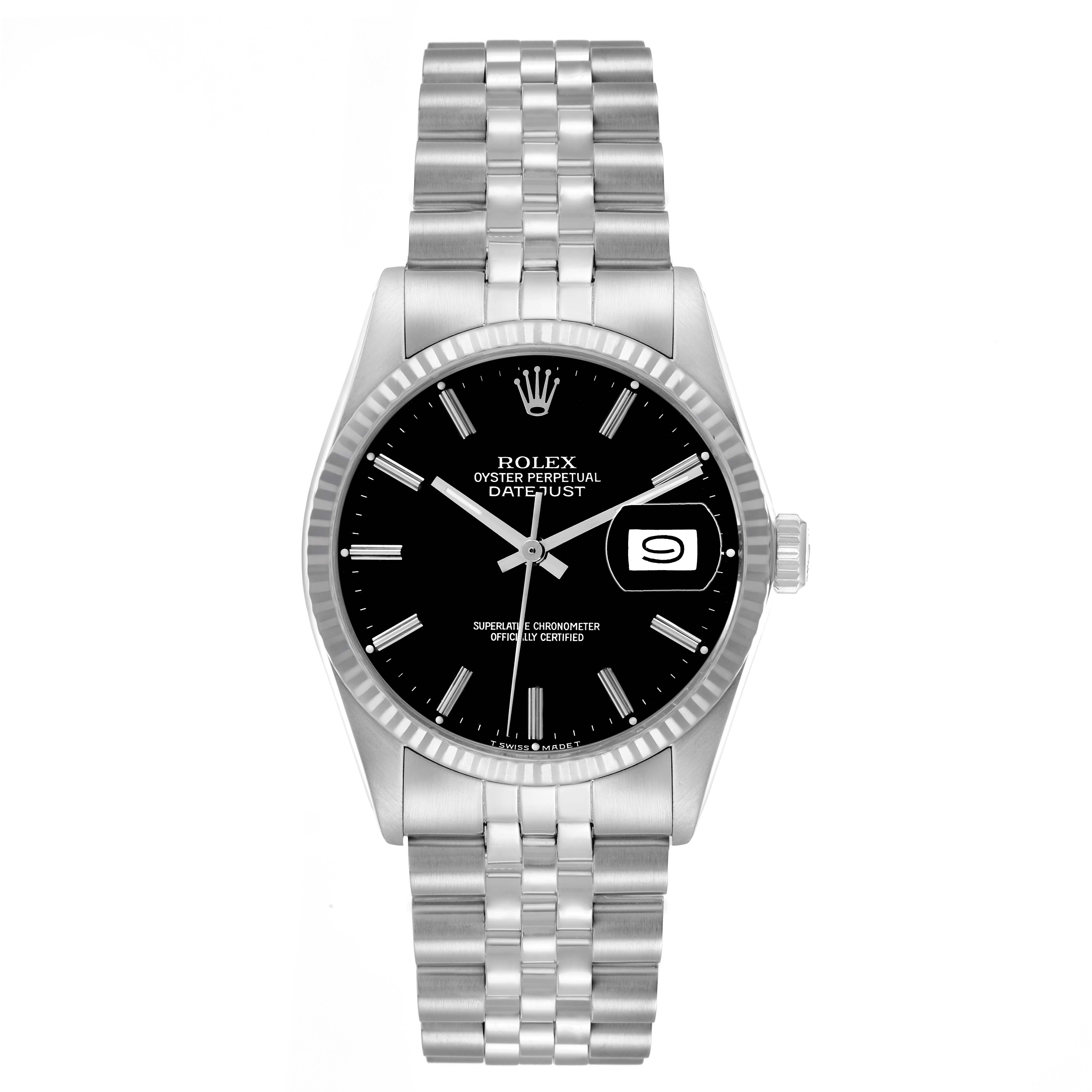 The Rolex Vintage Collection 16014 Men
s Stainless Steel Black Dial watch is shown from a straight-on angle, displaying the dial, bracelet, and bezel.