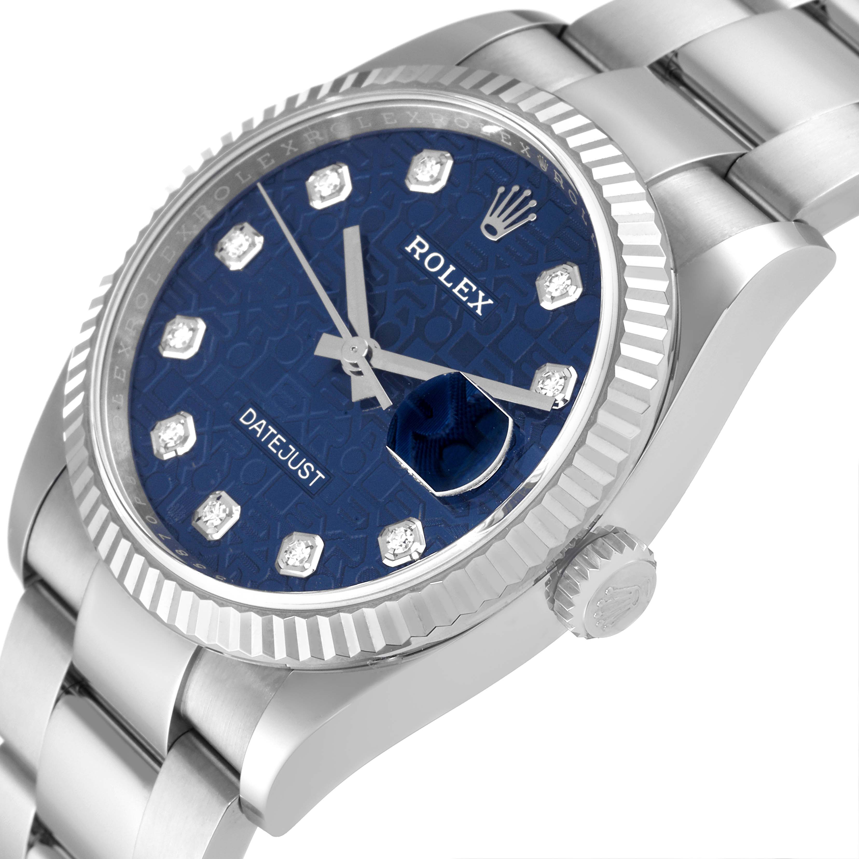 The image shows a close-up angle of a Rolex Datejust 126234 Men's Stainless Steel Blue Dial 126234 Men's Stainless Steel Blue Dial watch featuring its blue dial, crown, bezel, and part of the bracelet.