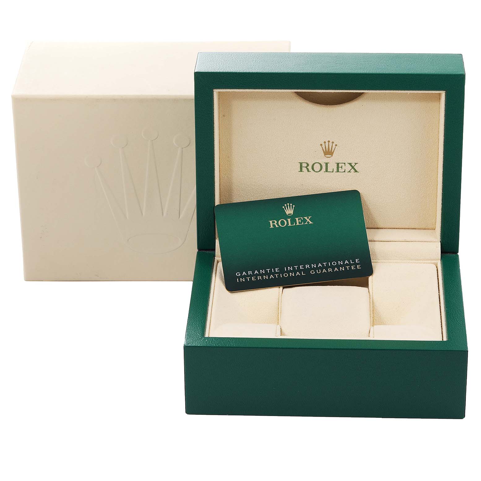 The image shows an open green Rolex Datejust 126234 Men's Stainless Steel Blue Dial 126234 Men's Stainless Steel Blue Dial watch box with an international guarantee card inside and an outer white box behind it.