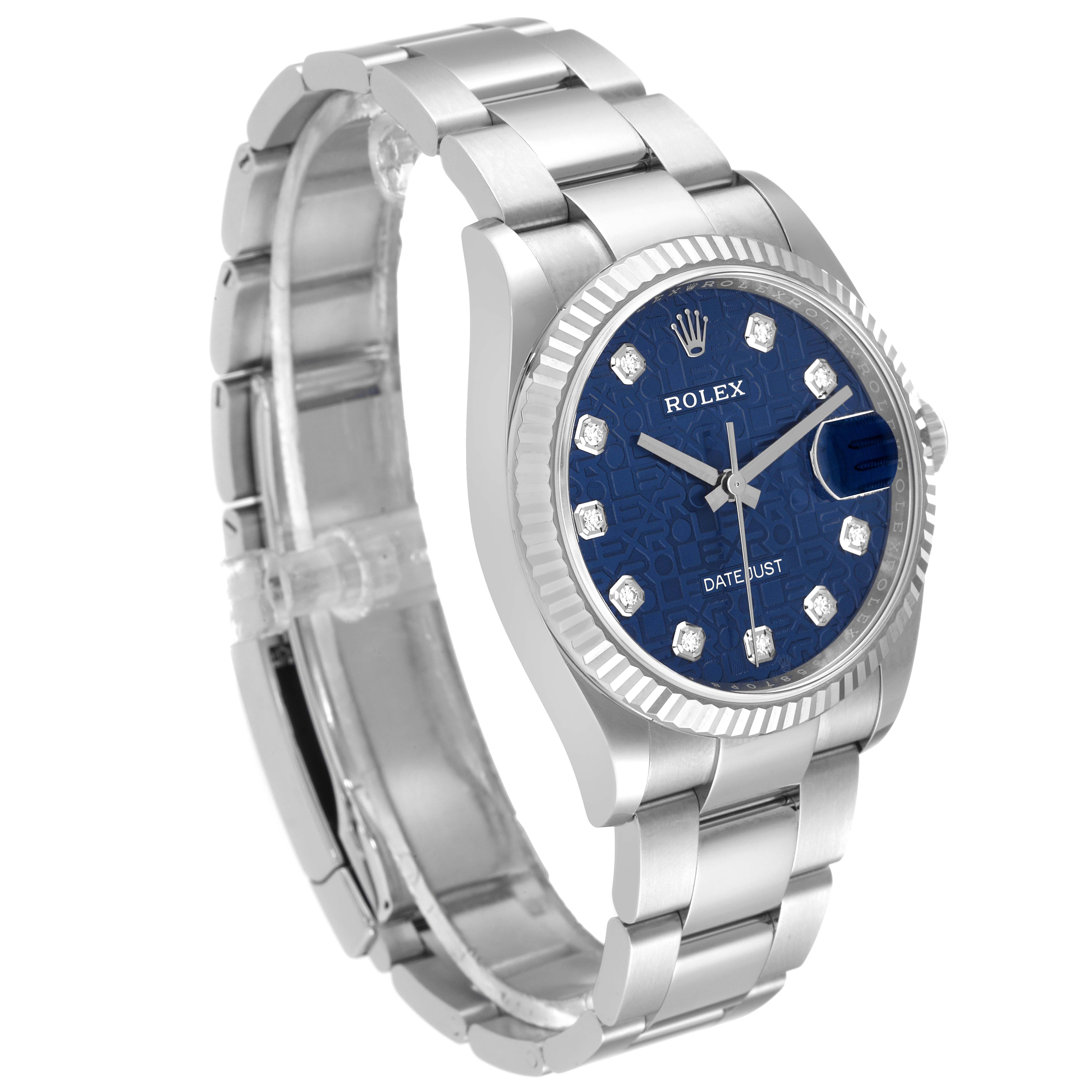 This image shows a side angle of the Rolex Datejust 126234 Men's Stainless Steel Blue Dial 126234 Men's Stainless Steel Blue Dial watch, highlighting its blue dial, metal bracelet, and fluted bezel.