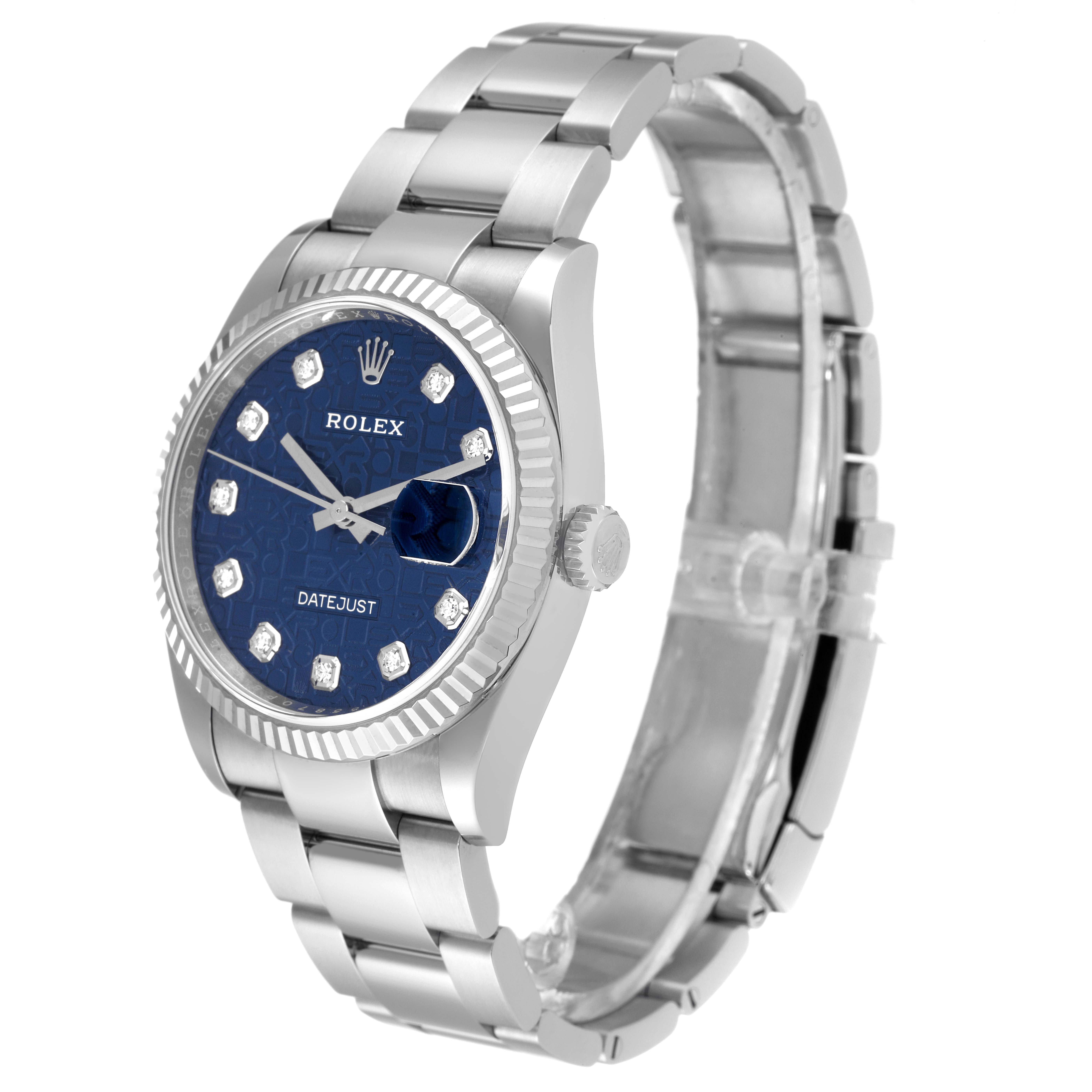 The image shows a Rolex Datejust 126234 Men's Stainless Steel Blue Dial 126234 Men's Stainless Steel Blue Dial watch from a three-quarter angle, highlighting its bezel, dial, bracelet, and crown.