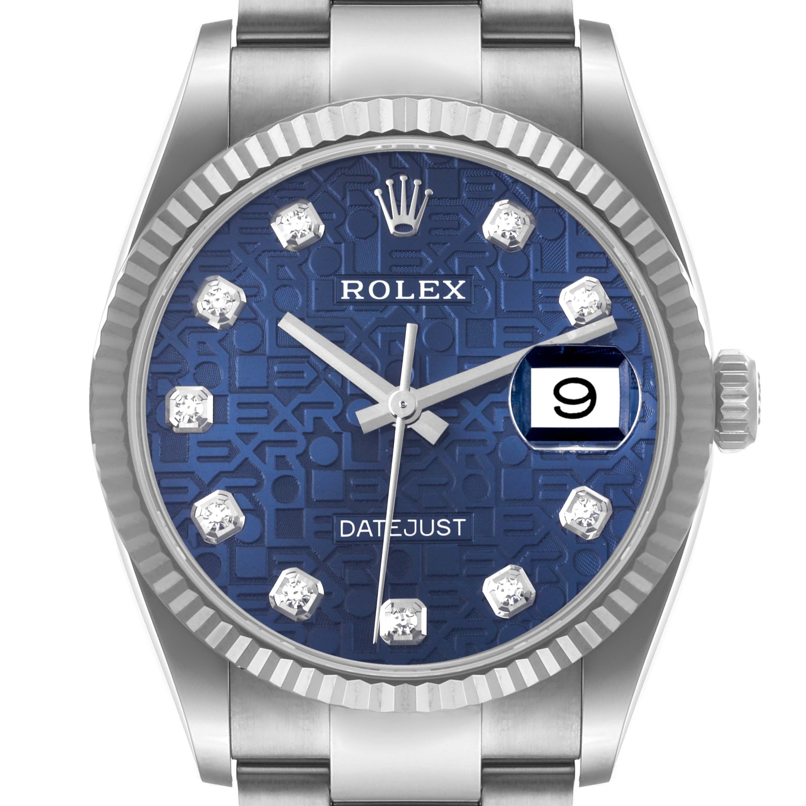 This image shows the front view of a Rolex Datejust 126234 Men's Stainless Steel Blue Dial 126234 Men's Stainless Steel Blue Dial watch, displaying its face, bezel, and part of the bracelet.
