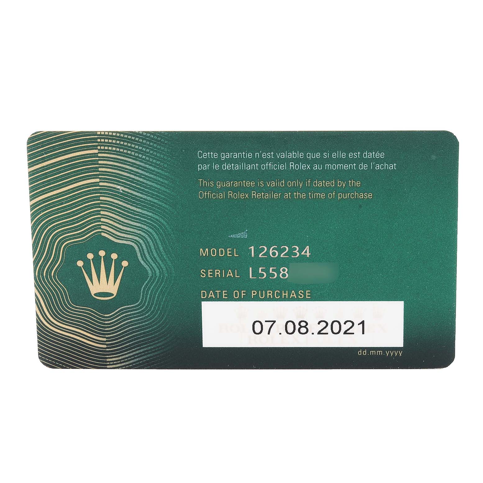 This image shows the identification card for the Rolex Datejust 126234 Men's Stainless Steel Blue Dial 126234 Men's Stainless Steel Blue Dial model 126234 with the purchase date of 07.08.2021.