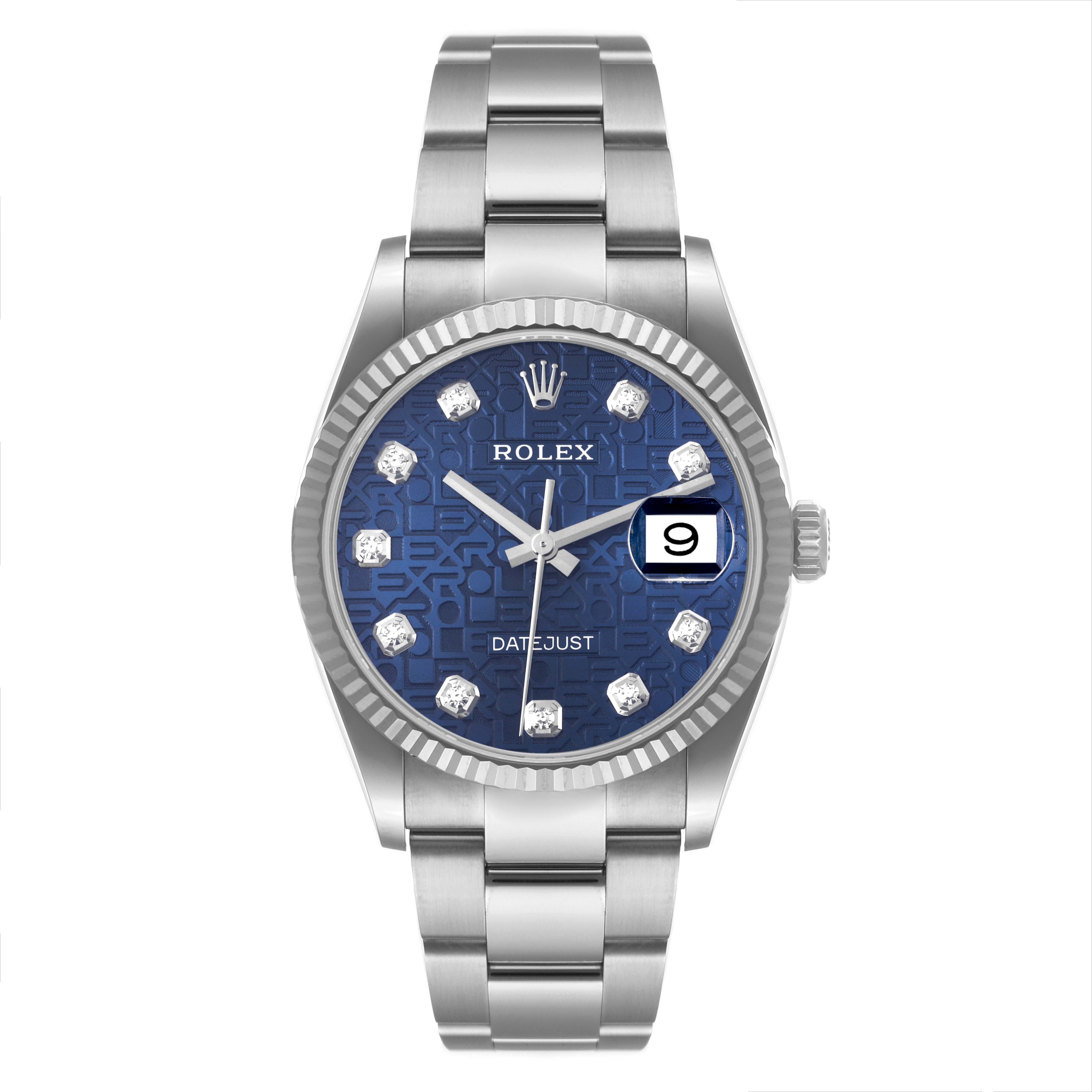 This image shows a front view of a Rolex Datejust 126234 Men's Stainless Steel Blue Dial 126234 Men's Stainless Steel Blue Dial watch, displaying the face, bezel, and bracelet.