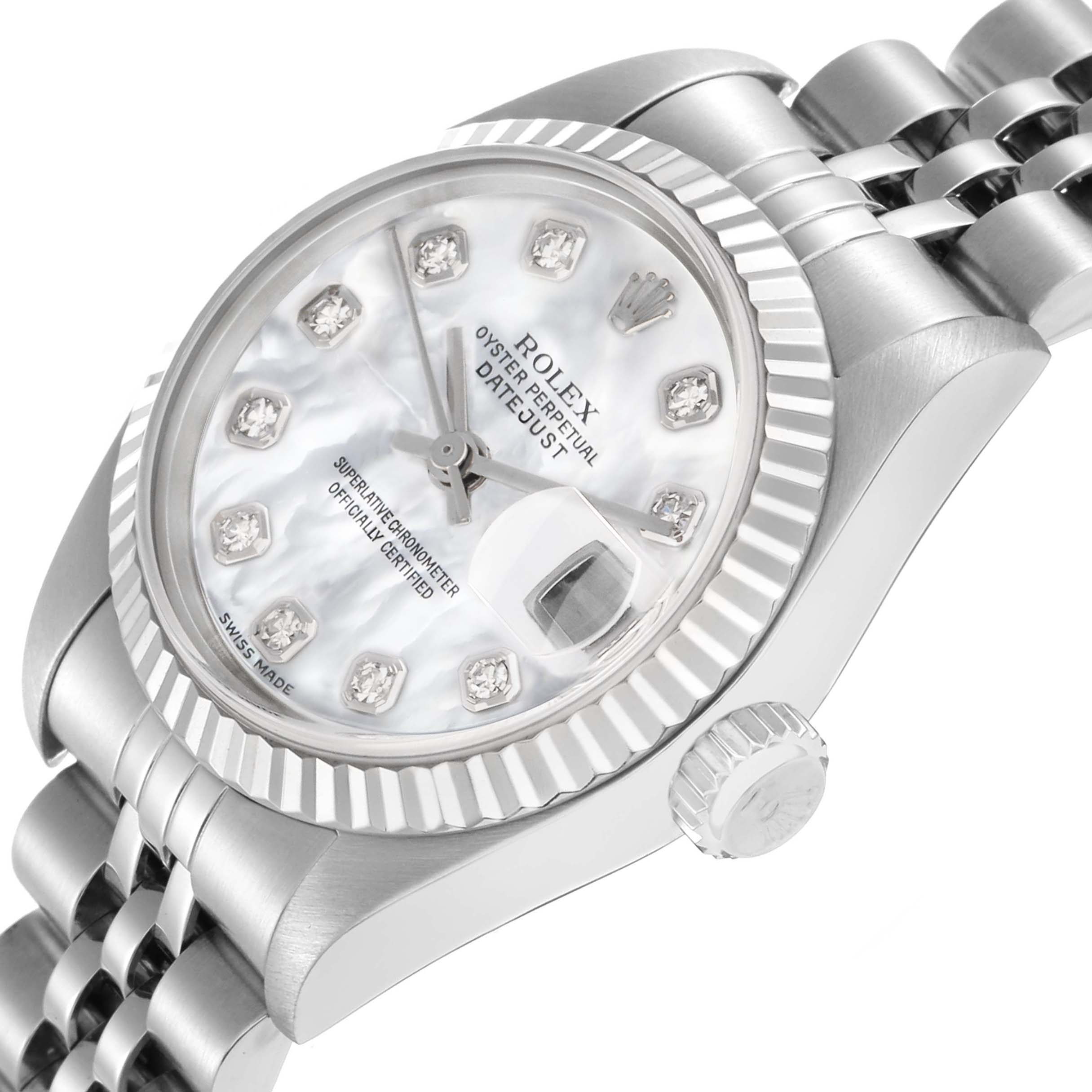 The Rolex Datejust 79174 Women
s Stainless Steel Mother of Pearl Dial is shown at a slight angle, highlighting the dial, bezel, crown, and part of the bracelet.
