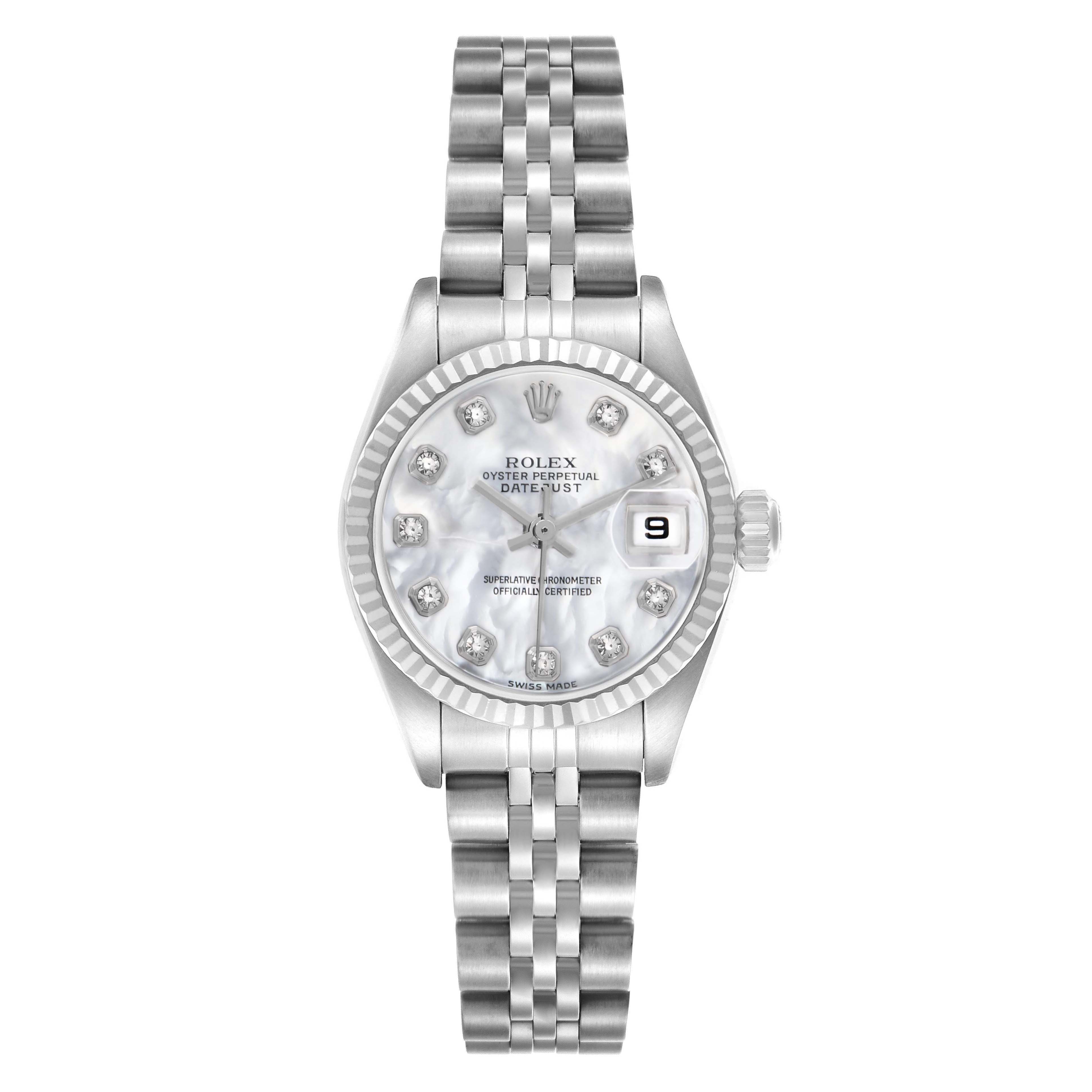 The Rolex Datejust 79174 Women
s Stainless Steel Mother of Pearl Dial watch is shown from a top view, highlighting the face, bezel, crown, and bracelet.