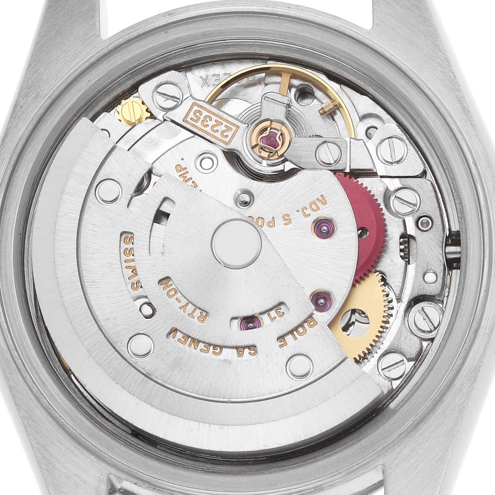 The Rolex Datejust 79174 Women
s Stainless Steel Mother of Pearl Dial watch is shown from the back, revealing its intricate movement and inner mechanics.