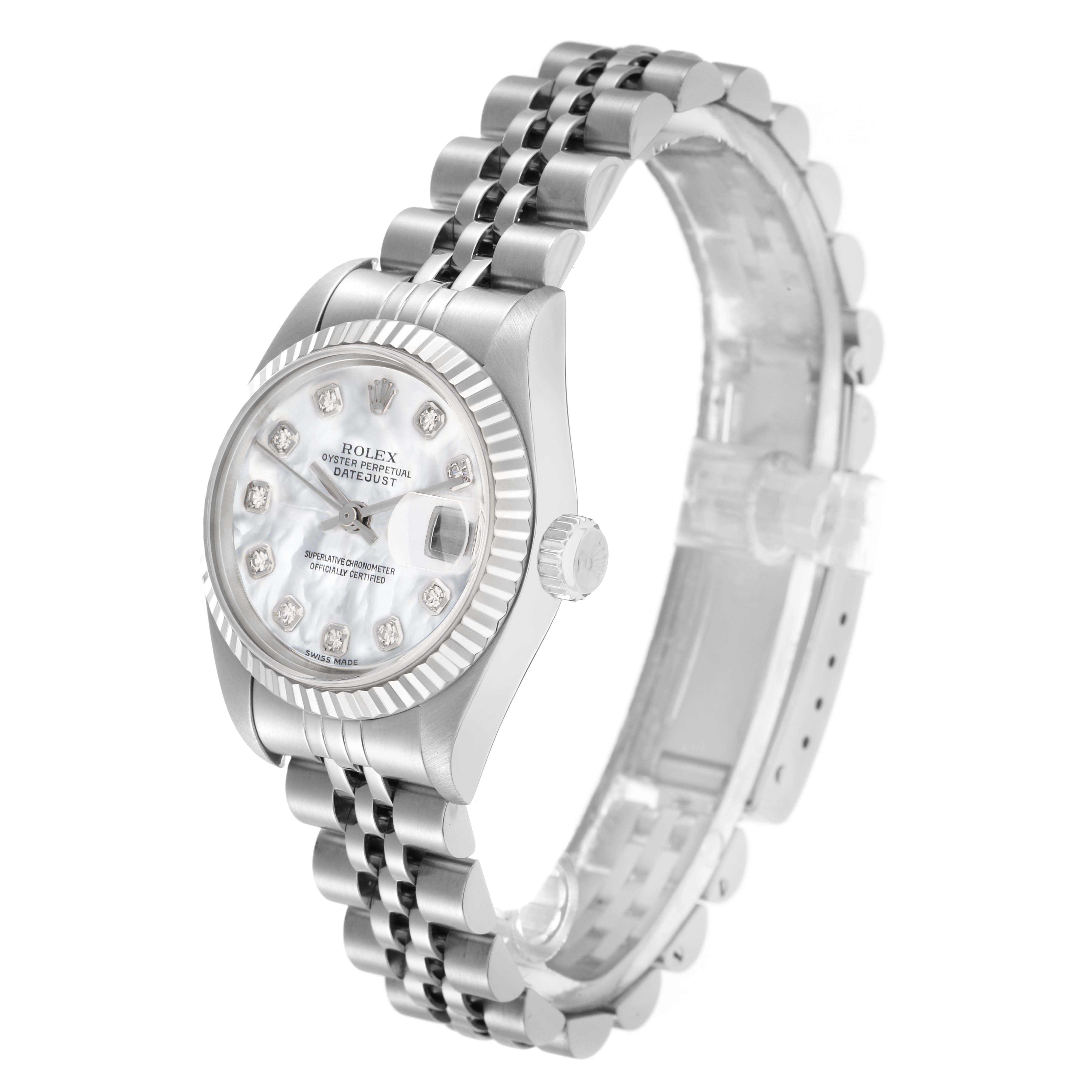 The Rolex Datejust 79174 Women
s Stainless Steel Mother of Pearl Dial watch is shown from a side angle, highlighting the dial, bezel, crown, and bracelet.