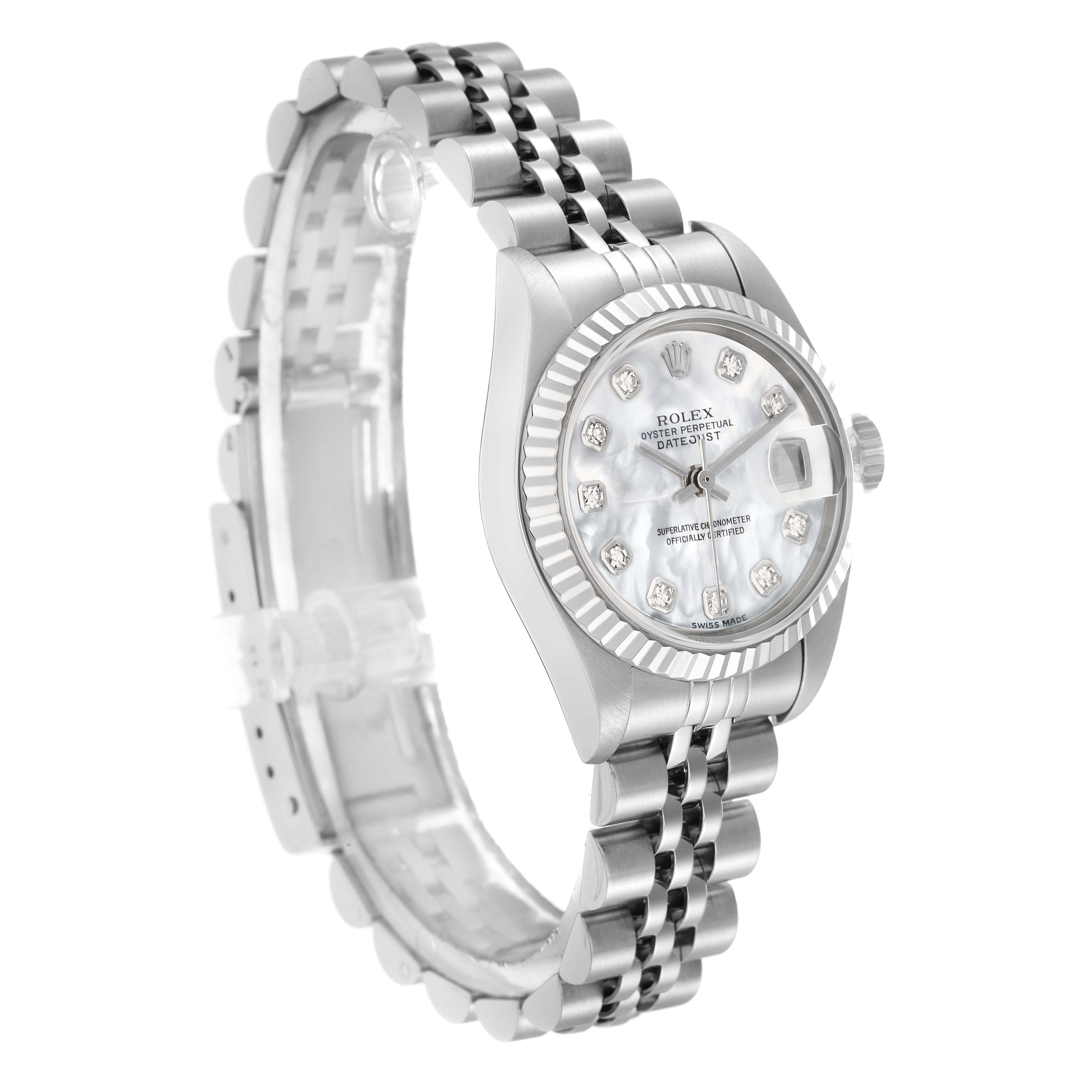 The Rolex Datejust 79174 Women
s Stainless Steel Mother of Pearl Dial watch is angled to show the face, bezel, and Jubilee bracelet.