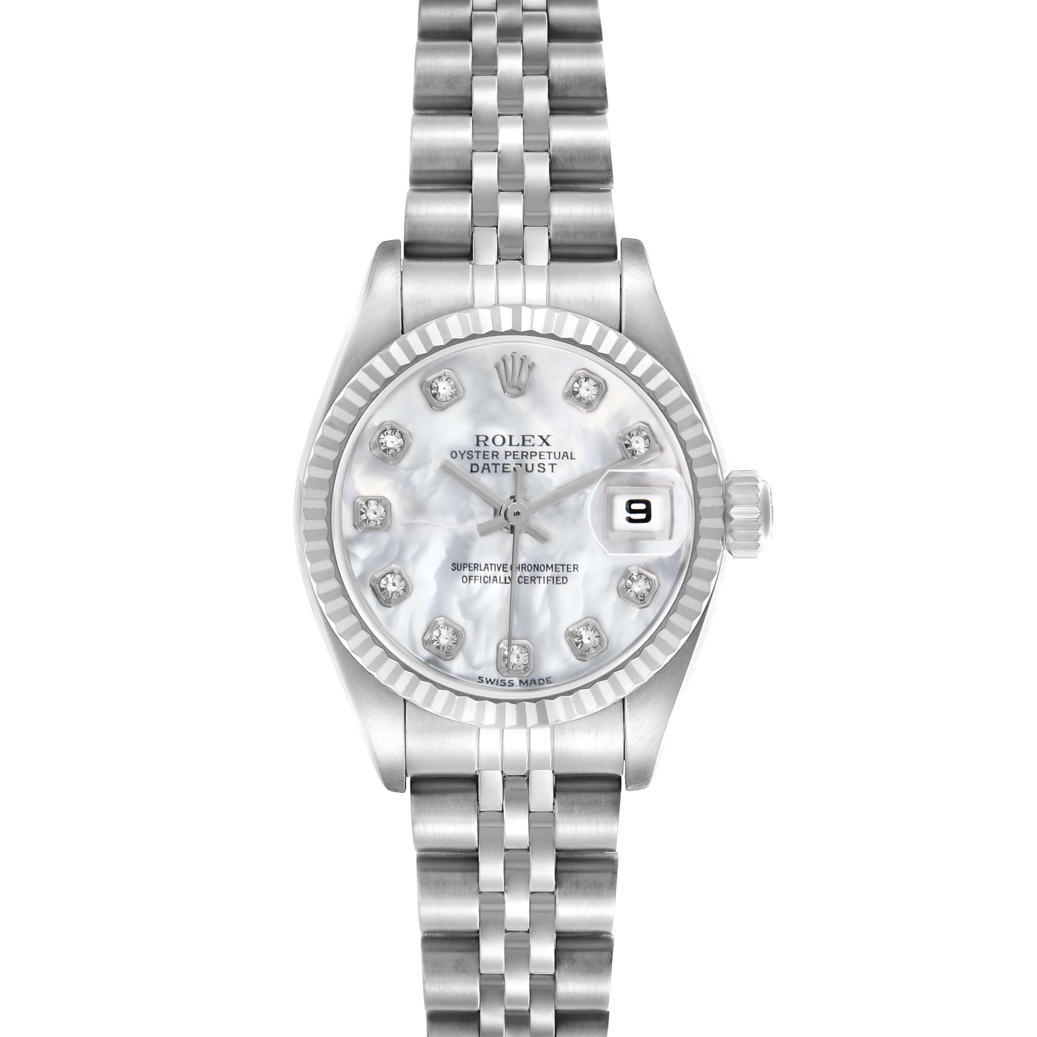 This Rolex Datejust 79174 Women
s Stainless Steel Mother of Pearl Dial watch is shown from a top-down angle, highlighting the face, dial, and bracelet.