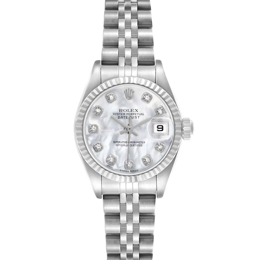 This Rolex Datejust 79174 Women's Stainless Steel Mother of Pearl Dial watch is shown from a top-down angle, highlighting the face, dial, and bracelet.