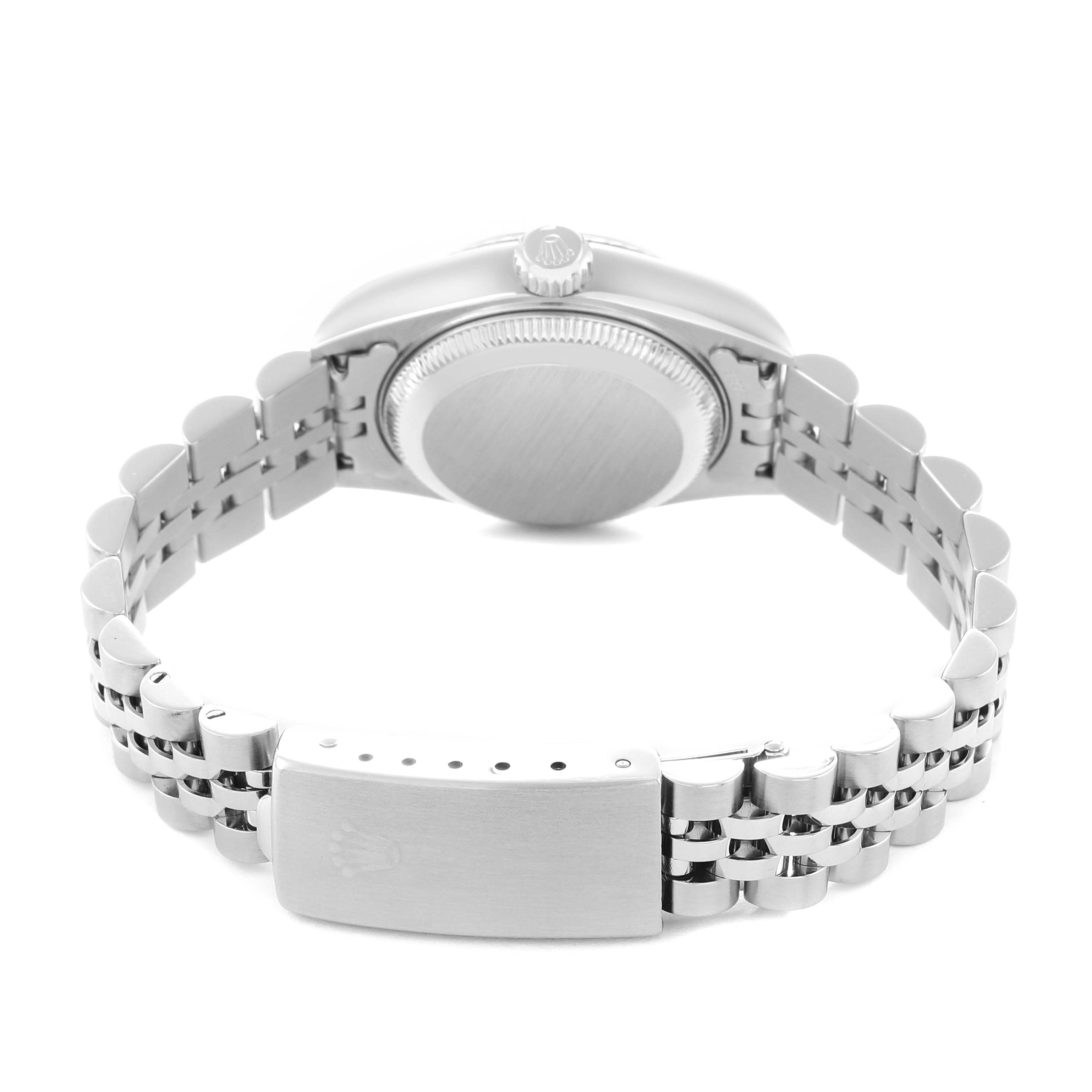 The Rolex Datejust 79174 Women
s Stainless Steel Mother of Pearl Dial watch is shown from the back, highlighting the bracelet, clasp, case back, and crown.