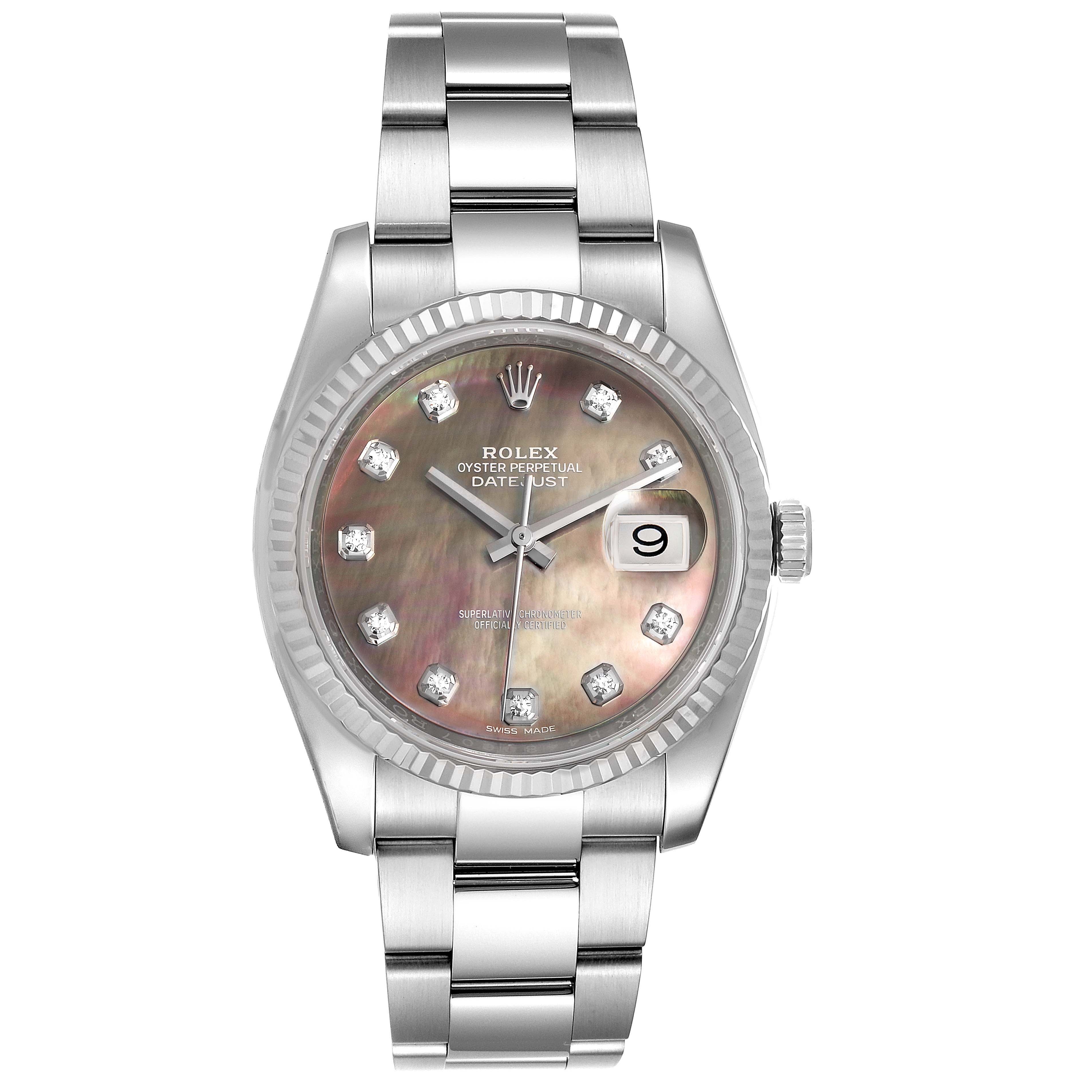 This image shows a frontal view of a Rolex Datejust 116234 Men
s Stainless Steel Mother of Pearl Dial 116234 Men
s Stainless Steel Mother of Pearl Dial watch, highlighting the dial, bracelet, bezel, and date display.