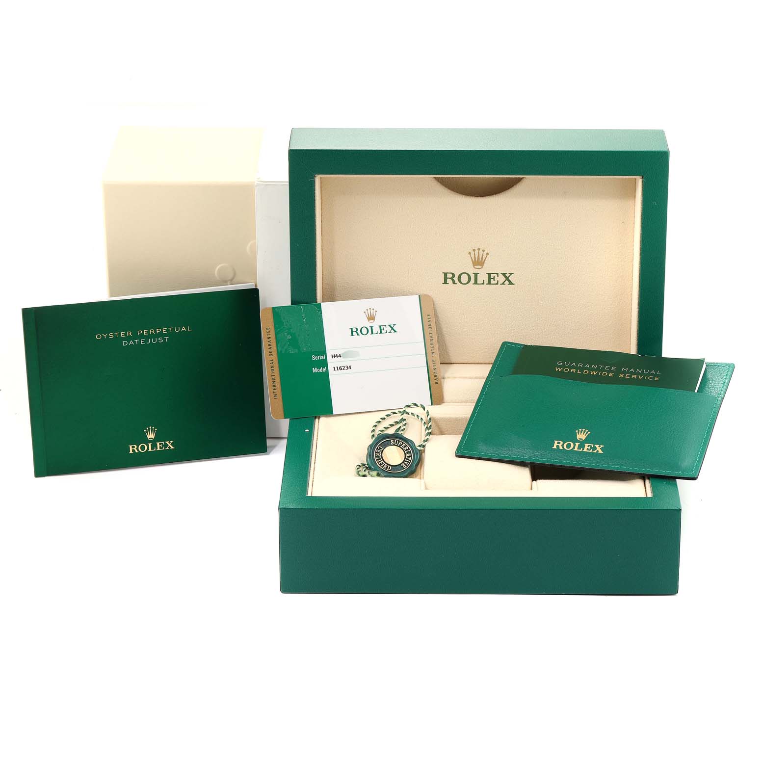 The image shows the Rolex Datejust 116234 Men
s Stainless Steel Mother of Pearl Dial 116234 Men
s Stainless Steel Mother of Pearl Dial watch box, warranty card, manuals, and a green hang tag from an overhead angle.