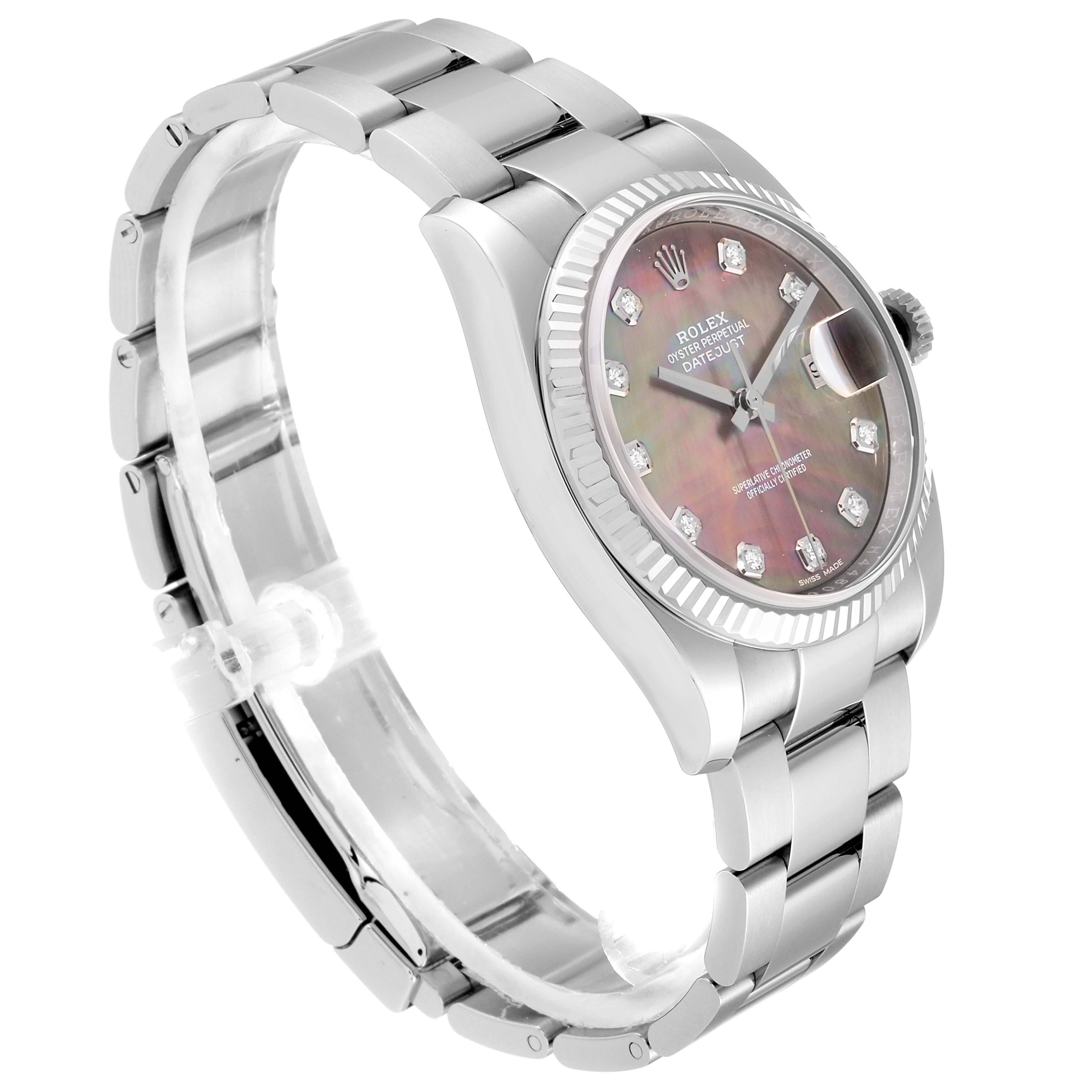 The image shows a side-angle view of the Rolex Datejust 116234 Men
s Stainless Steel Mother of Pearl Dial 116234 Men
s Stainless Steel Mother of Pearl Dial watch, highlighting its bracelet, bezel, and dial.