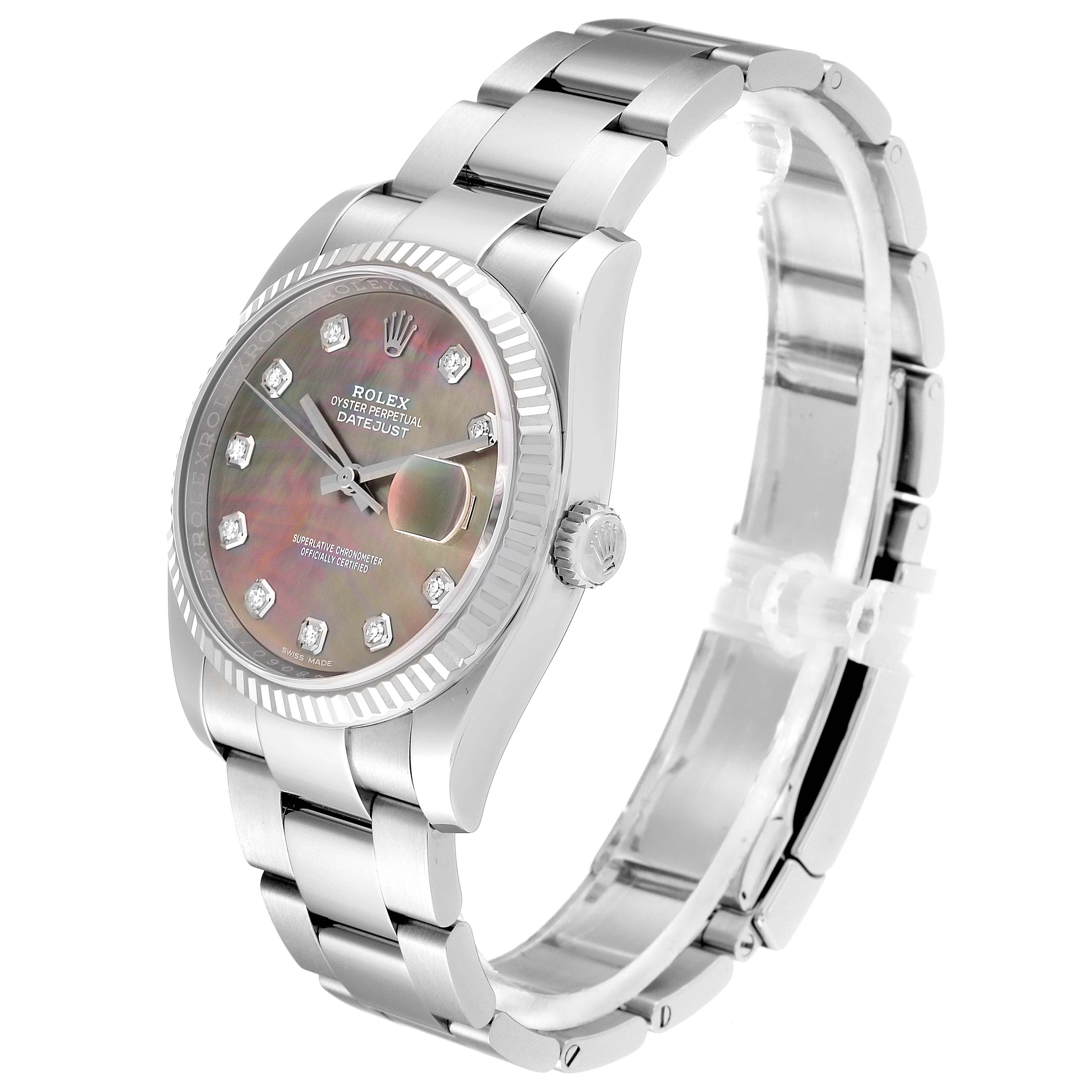 The Rolex Datejust 116234 Men
s Stainless Steel Mother of Pearl Dial 116234 Men
s Stainless Steel Mother of Pearl Dial watch is shown at an angle displaying its face, bezel, crown, and part of the bracelet.