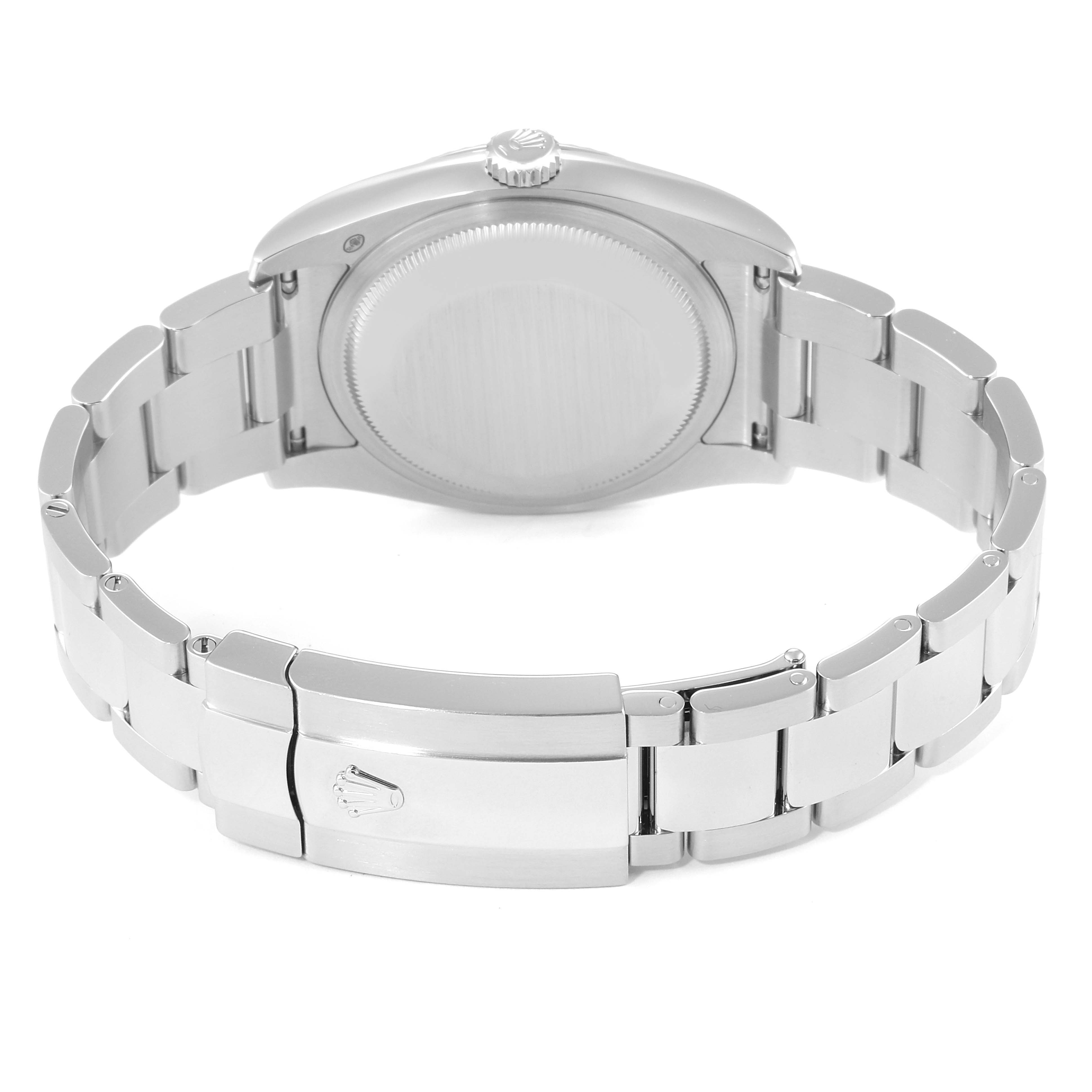 This image shows the back case, crown, and clasp of a Rolex Datejust 116234 Men
s Stainless Steel Mother of Pearl Dial 116234 Men
s Stainless Steel Mother of Pearl Dial watch from a rear angle.