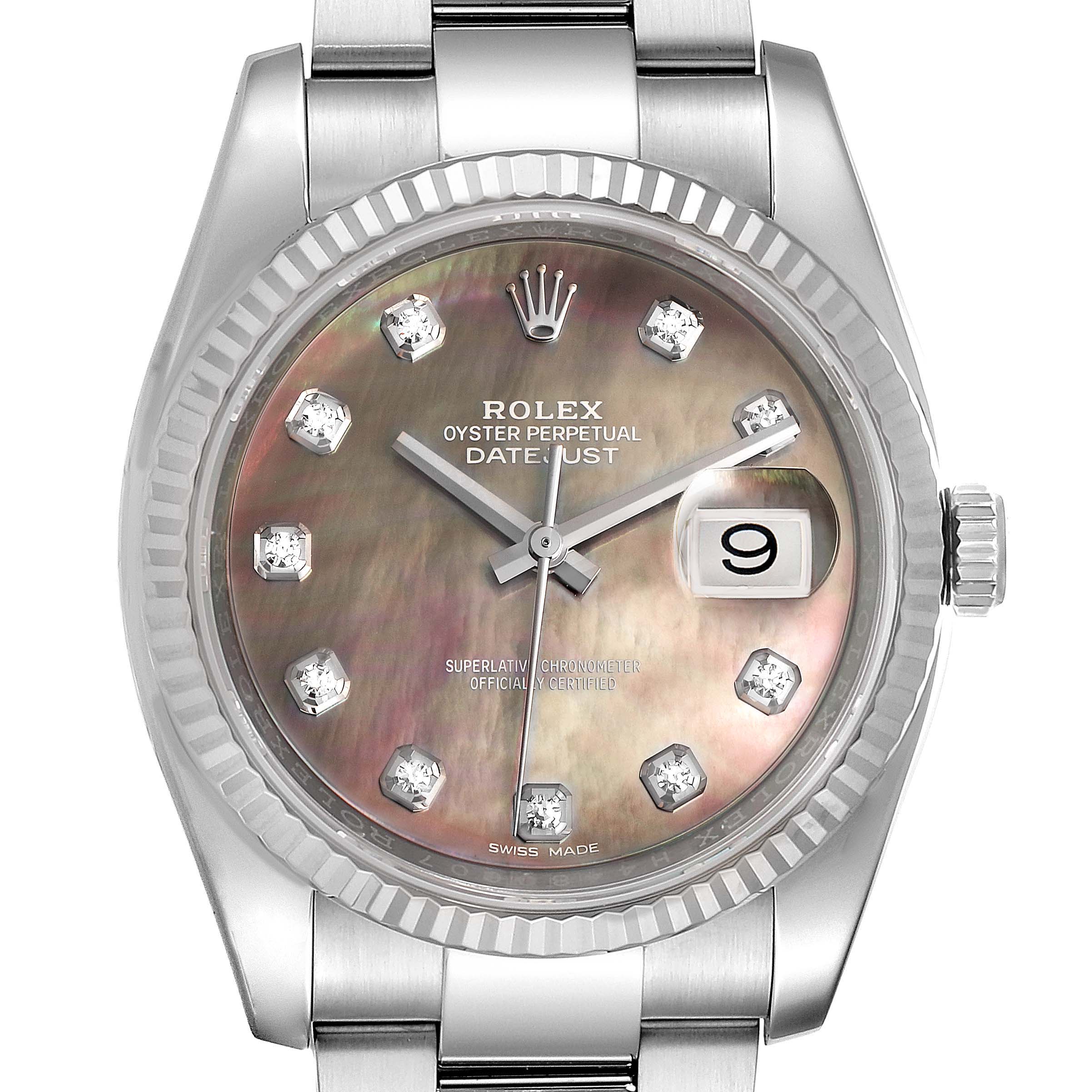 This image shows a front view of a Rolex Datejust 116234 Men
s Stainless Steel Mother of Pearl Dial 116234 Men
s Stainless Steel Mother of Pearl Dial watch, highlighting the dial, hands, date window, bezel, and part of the bracelet.