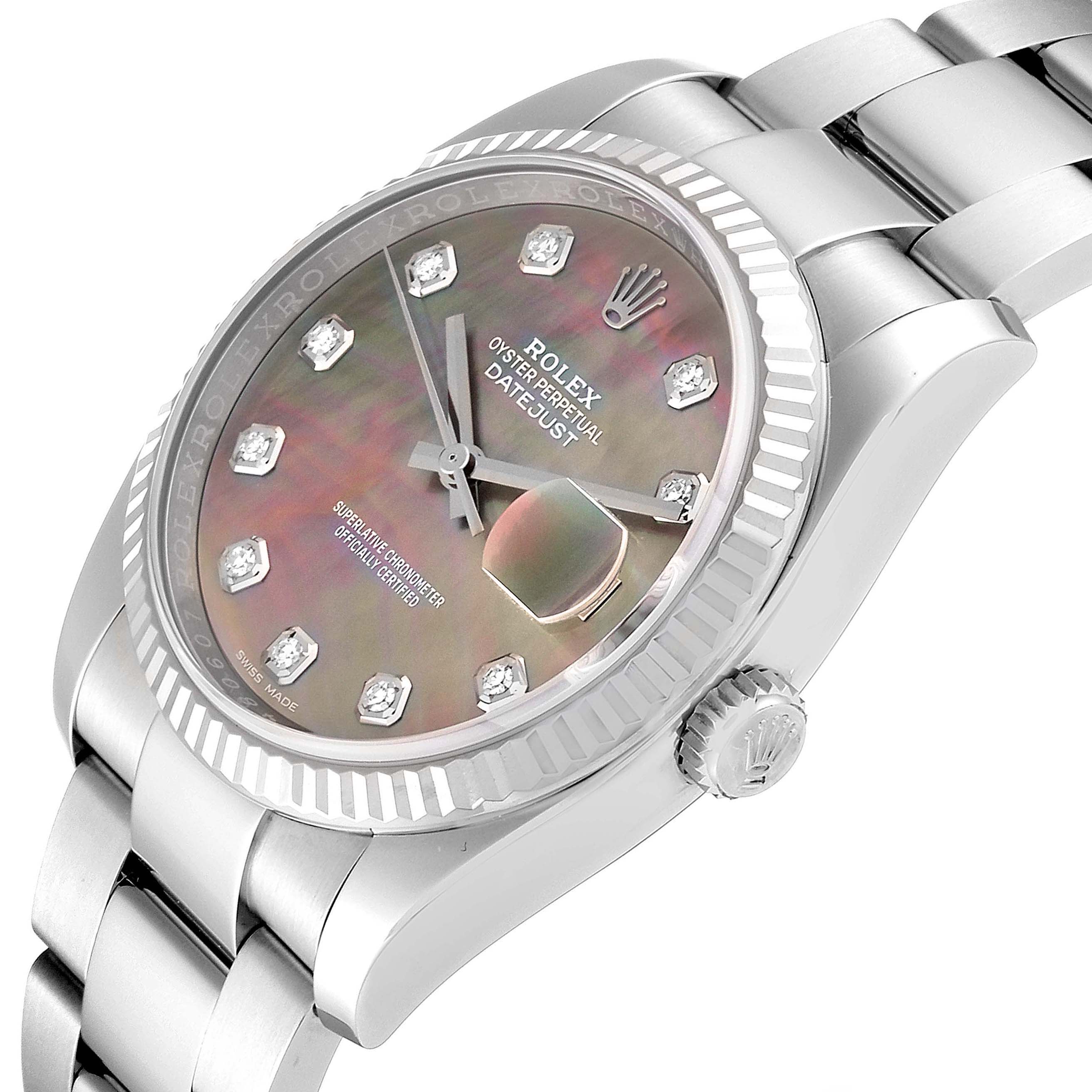 This image shows a close-up of the Rolex Datejust 116234 Men
s Stainless Steel Mother of Pearl Dial 116234 Men
s Stainless Steel Mother of Pearl Dial watch focusing on the dial, bezel, and part of the bracelet at an angle.