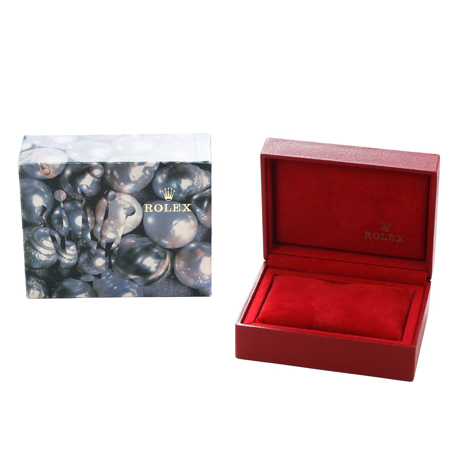 The image shows the packaging and an empty red box for a Rolex Datejust 79174 Women
s Stainless Steel White Dial watch at a straightforward angle.