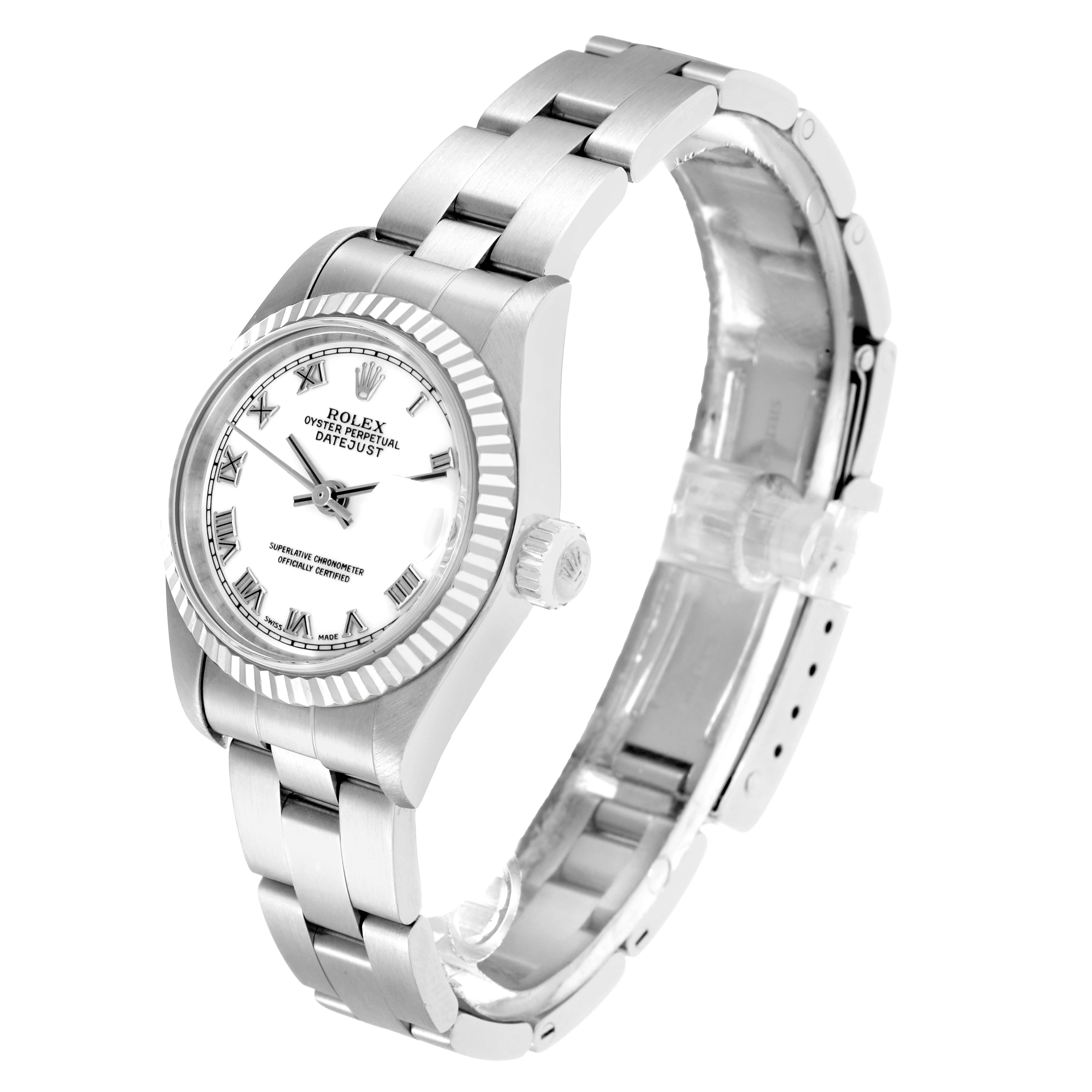 The Rolex Datejust 79174 Women
s Stainless Steel White Dial watch is shown at a three-quarter angle, highlighting the dial, bezel, crown, and bracelet.