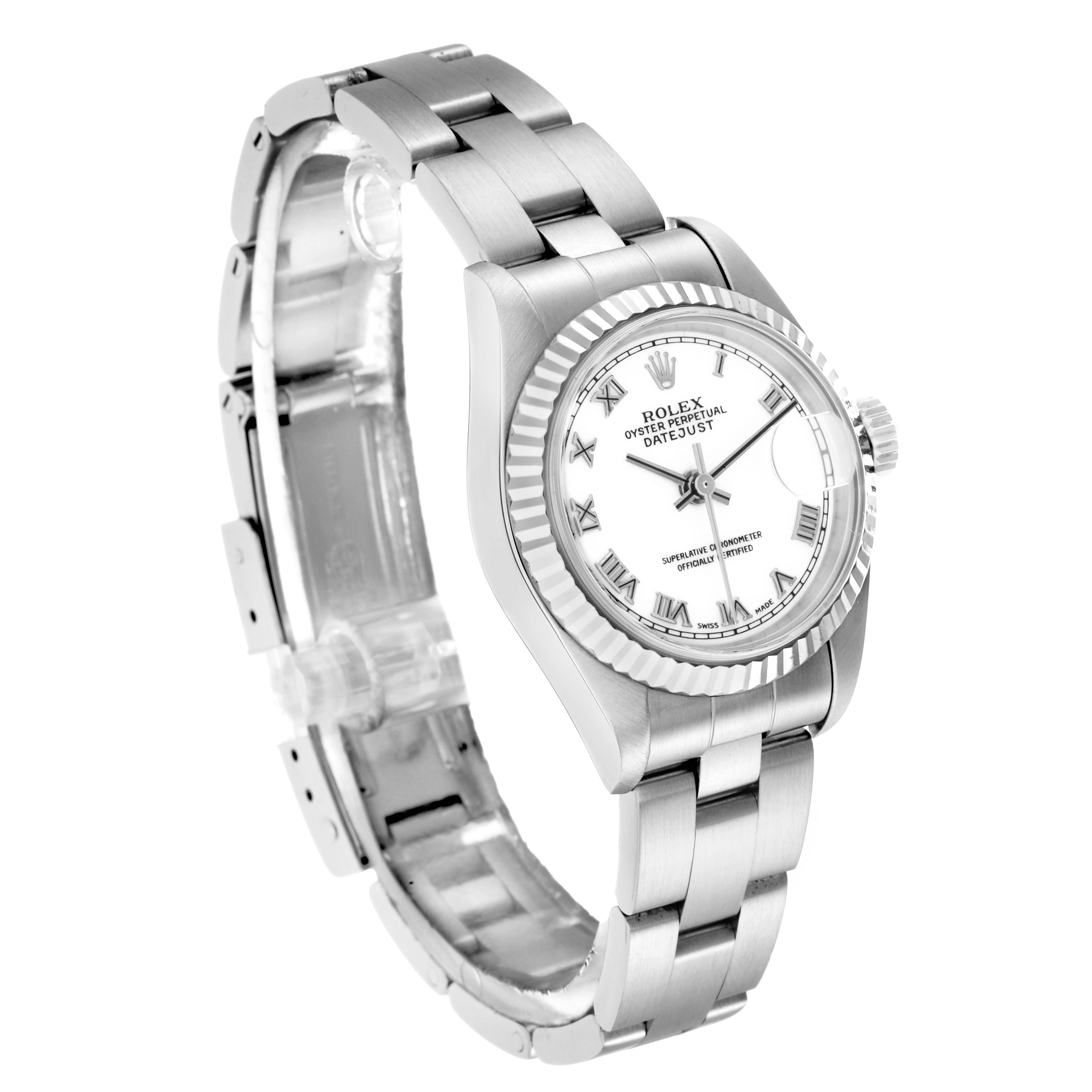 The Rolex Datejust 79174 Women
s Stainless Steel White Dial watch is shown at a three-quarter angle, displaying the bracelet, bezel, crown, and dial.