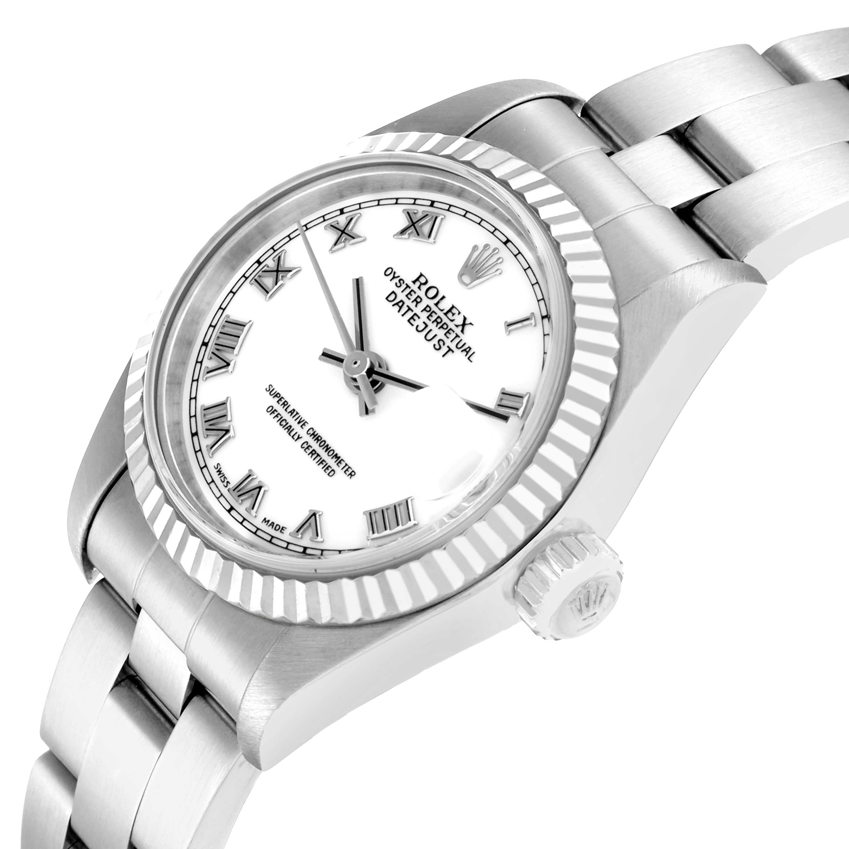 The Rolex Datejust 79174 Women
s Stainless Steel White Dial watch is shown at a tilted angle, displaying the face, bezel, crown, and a portion of the bracelet.