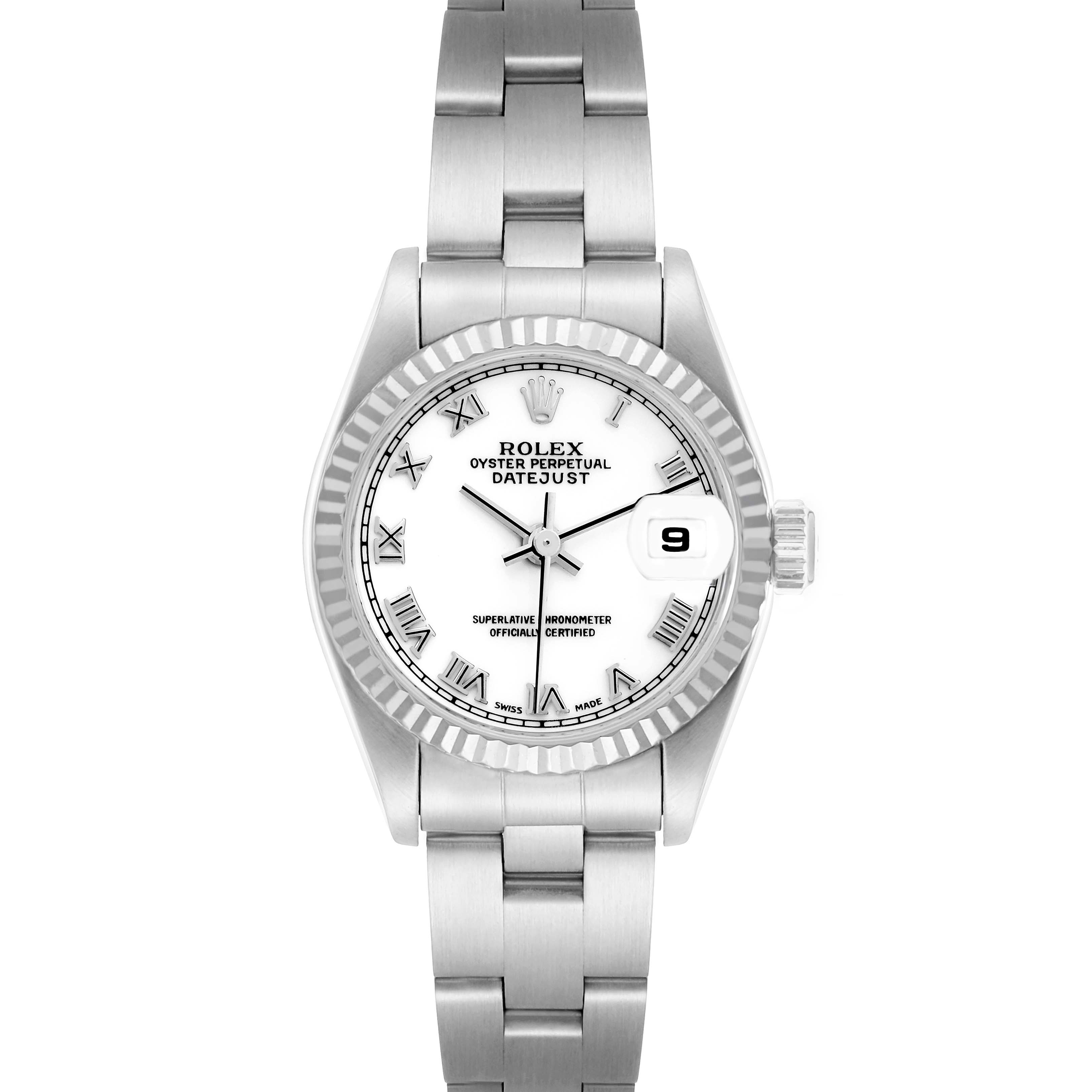 The Rolex Datejust 79174 Women
s Stainless Steel White Dial watch is shown from a front angle, displaying the bracelet, white dial, and date magnifier.