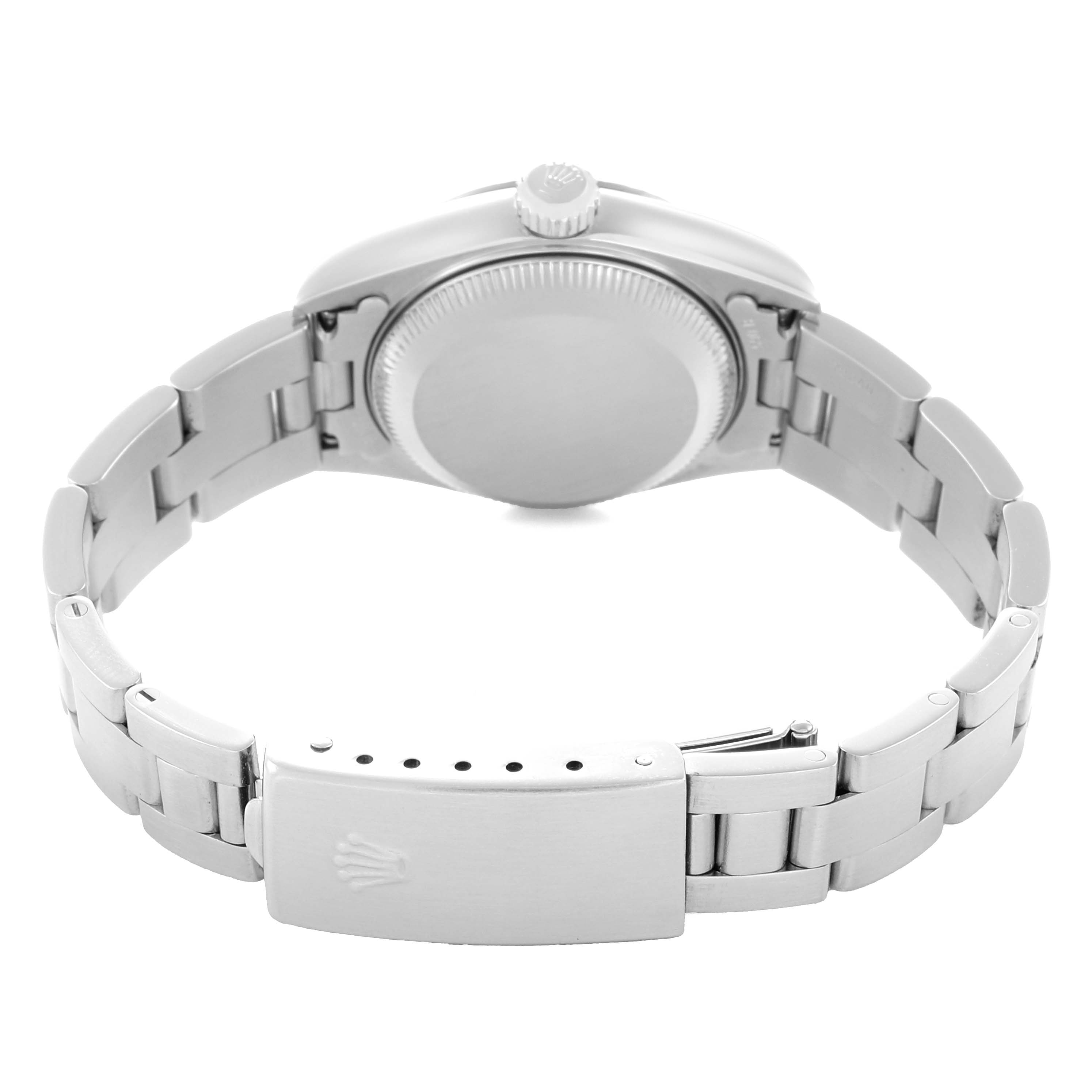 The image shows the back and bracelet of a Rolex Datejust 79174 Women
s Stainless Steel White Dial, featuring the case back, clasp, and links.