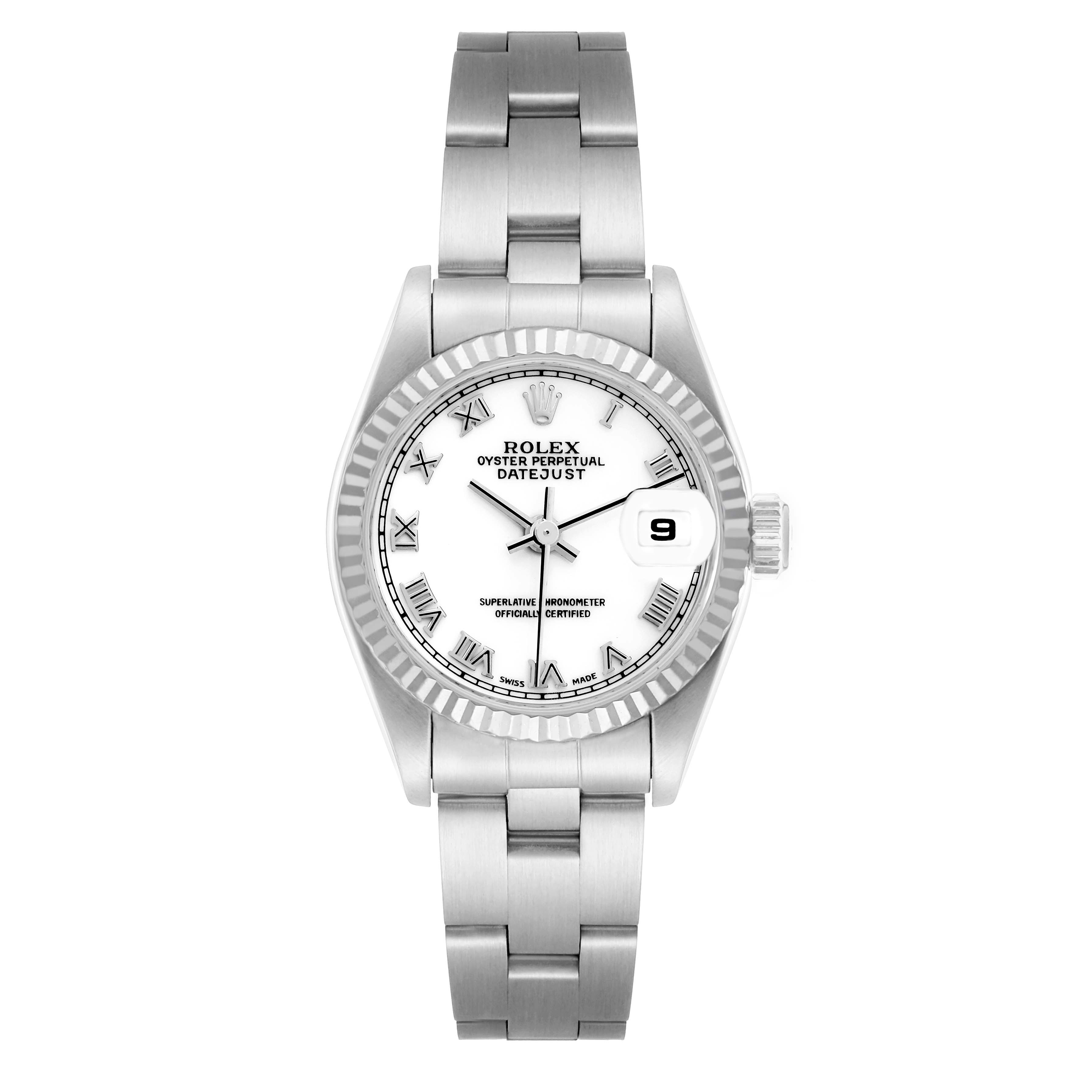 The image shows a front view of the Rolex Datejust 79174 Women
s Stainless Steel White Dial watch, displaying the dial, bezel, bracelet, and date window.