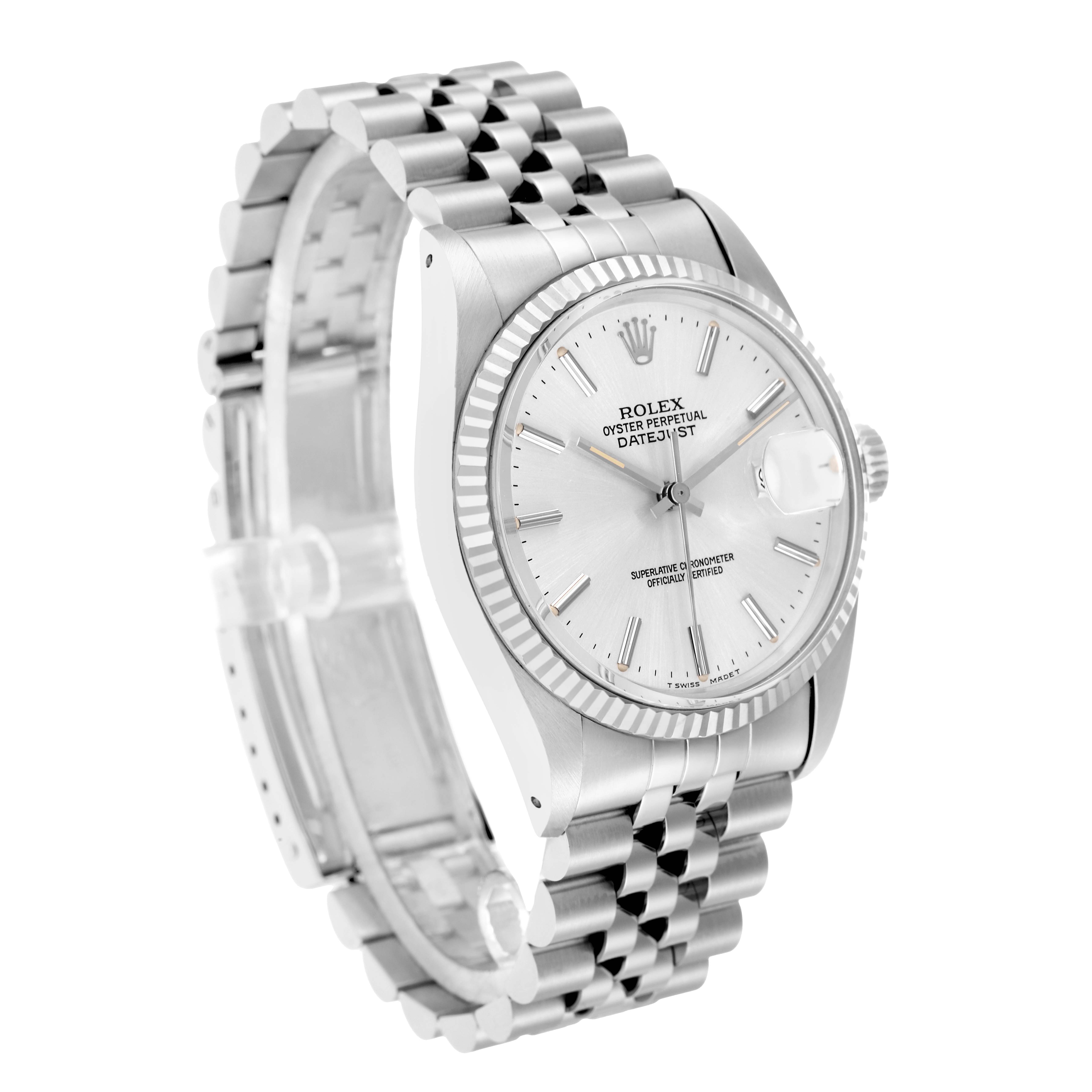 The image shows a Rolex Vintage Collection 16014 Men
s Stainless Steel Silver Dial watch from a front-side angle, highlighting its face, bezel, and bracelet.