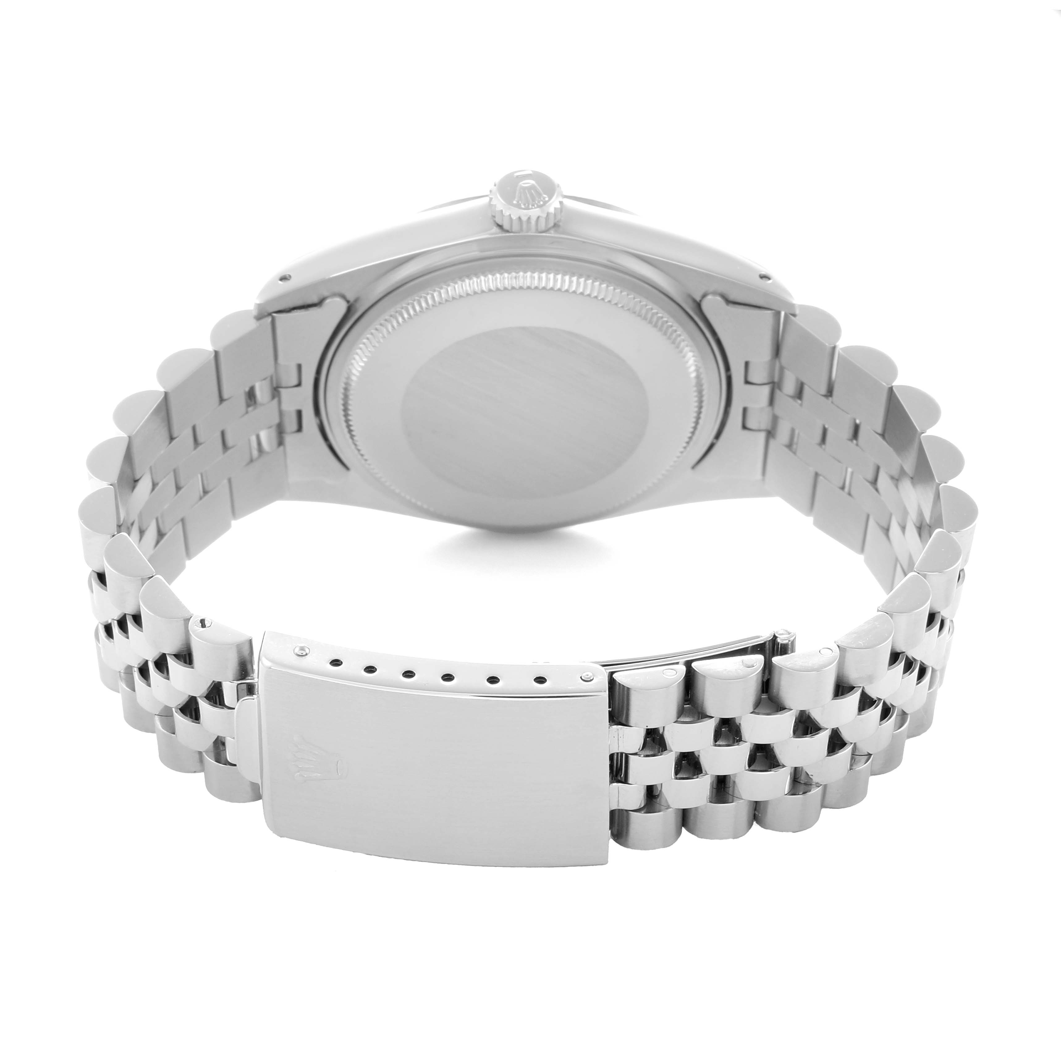 The image shows the back of a Rolex Vintage Collection 16014 Men
s Stainless Steel Silver Dial watch, highlighting the case back and bracelet clasp.