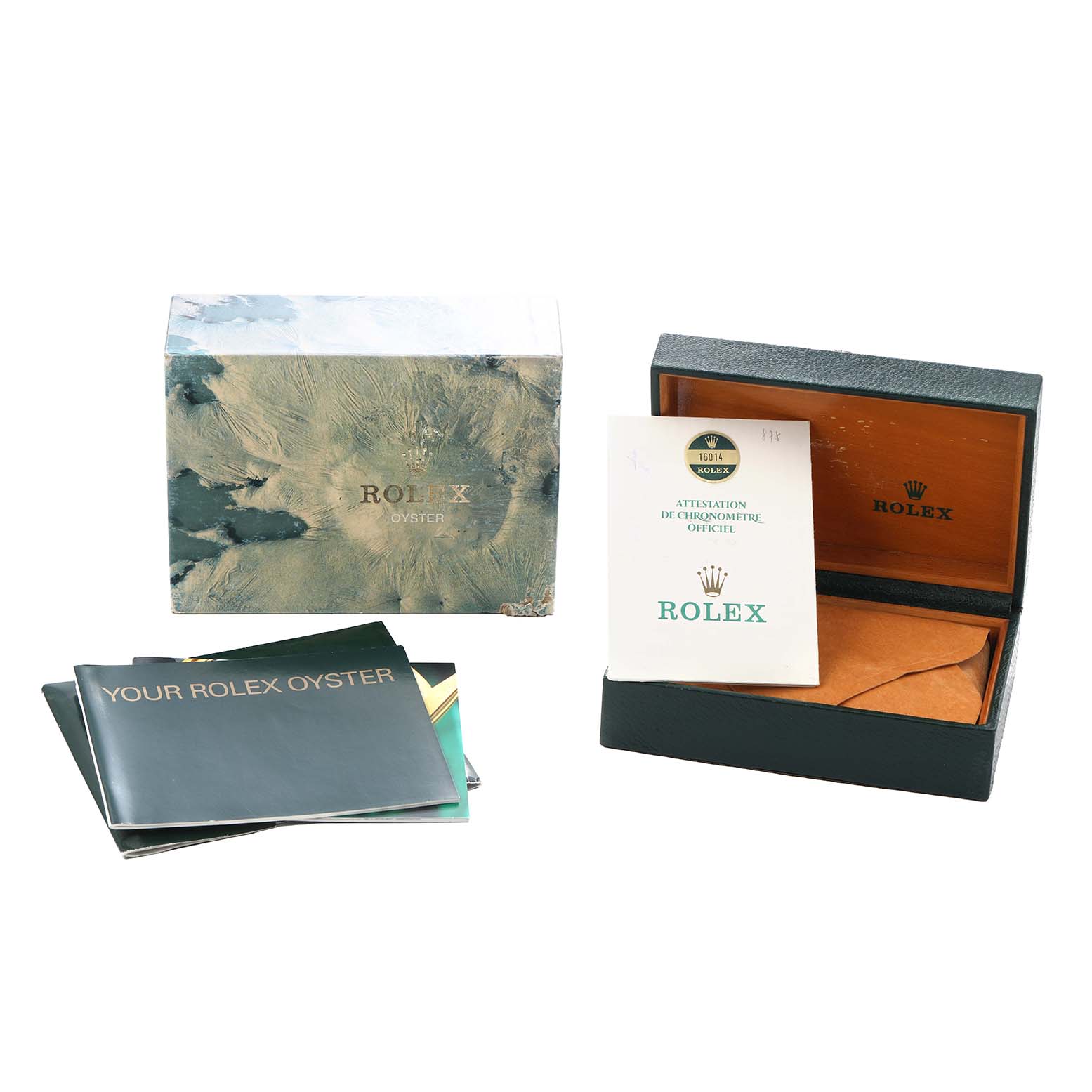 The image shows a Rolex Vintage Collection 16014 Men
s Stainless Steel Silver Dial box, booklet, and official certification, viewed from the front.