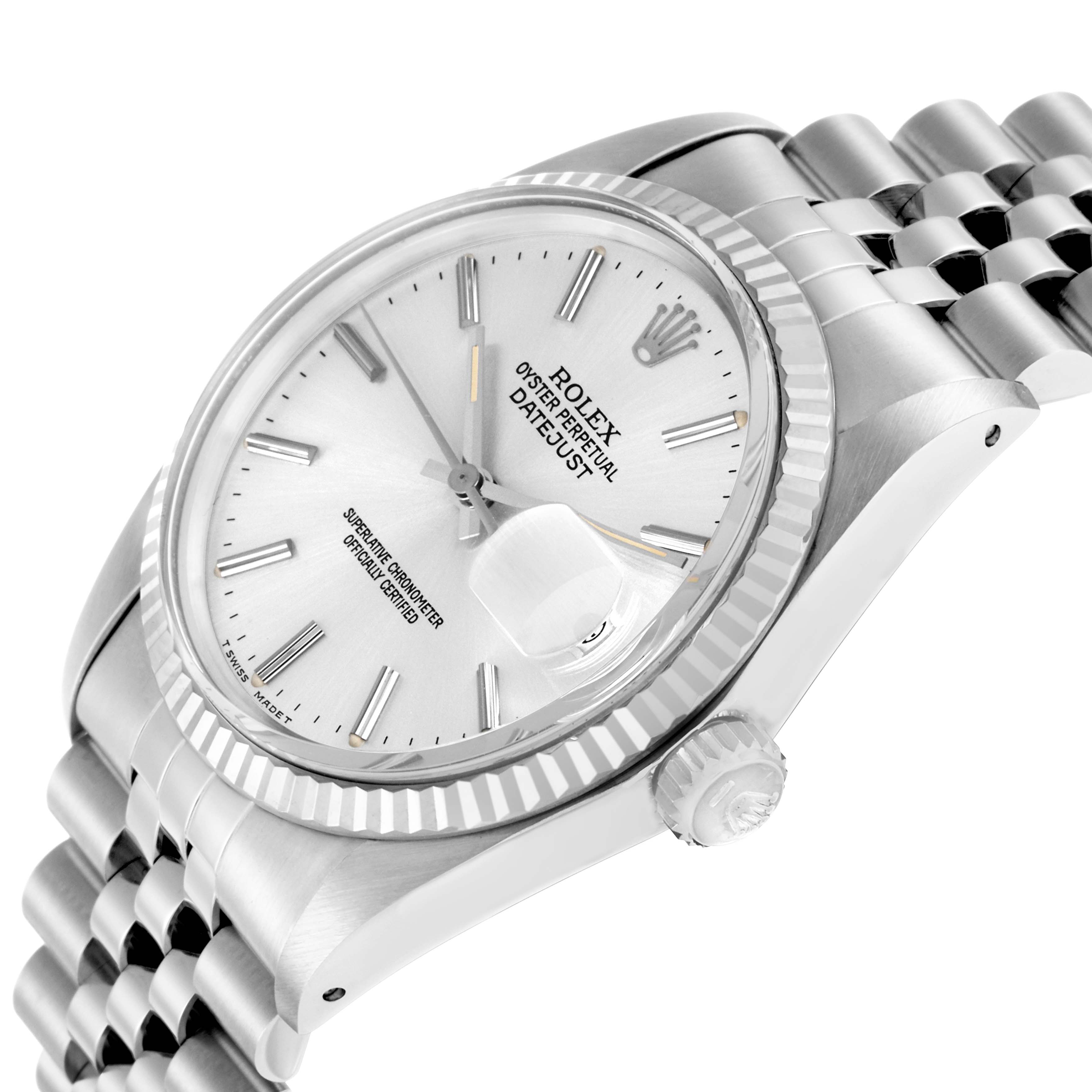 The Rolex Vintage Collection 16014 Men
s Stainless Steel Silver Dial watch is shown at a three-quarter angle, highlighting the face, bezel, and bracelet.