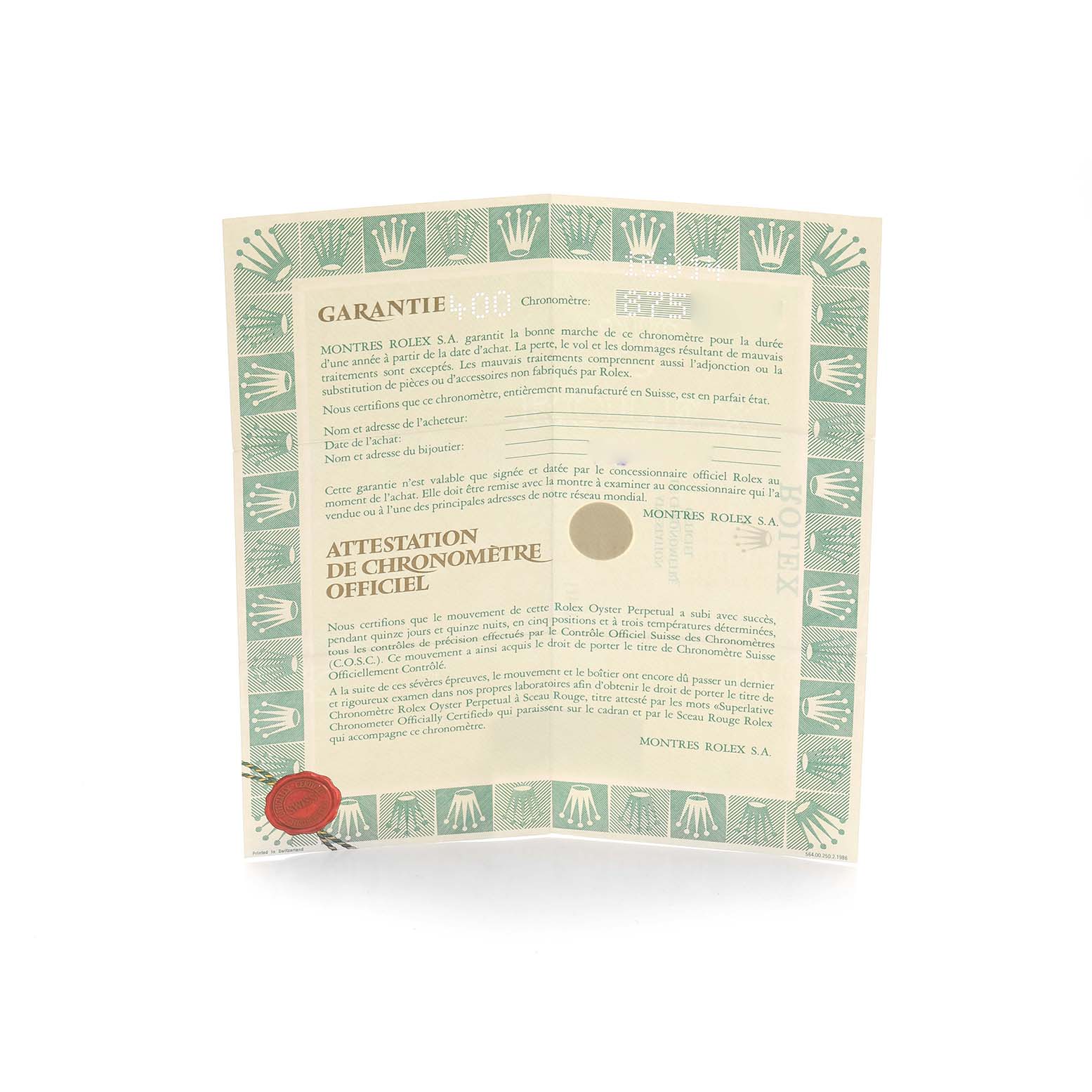 The image shows a warranty certificate with a green Rolex border for the Vintage Collection model.