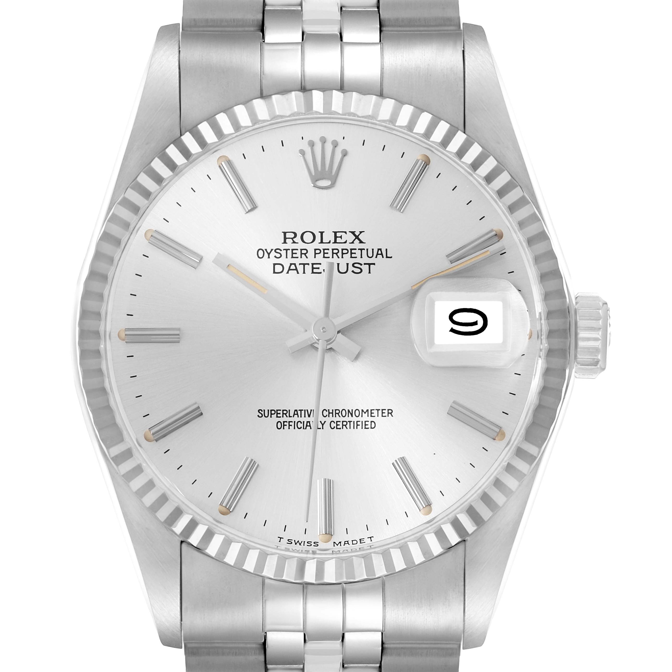 The image shows a straight-on view of a Rolex Vintage Collection 16014 Men
s Stainless Steel Silver Dial watch, highlighting the dial, date, bezel, and bracelet.