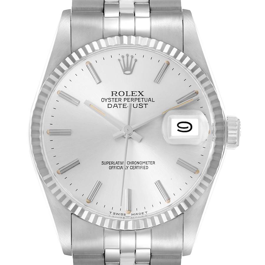 The image shows a straight-on view of a Rolex Vintage Collection 16014 Men's Stainless Steel Silver Dial watch, highlighting the dial, date, bezel, and bracelet.