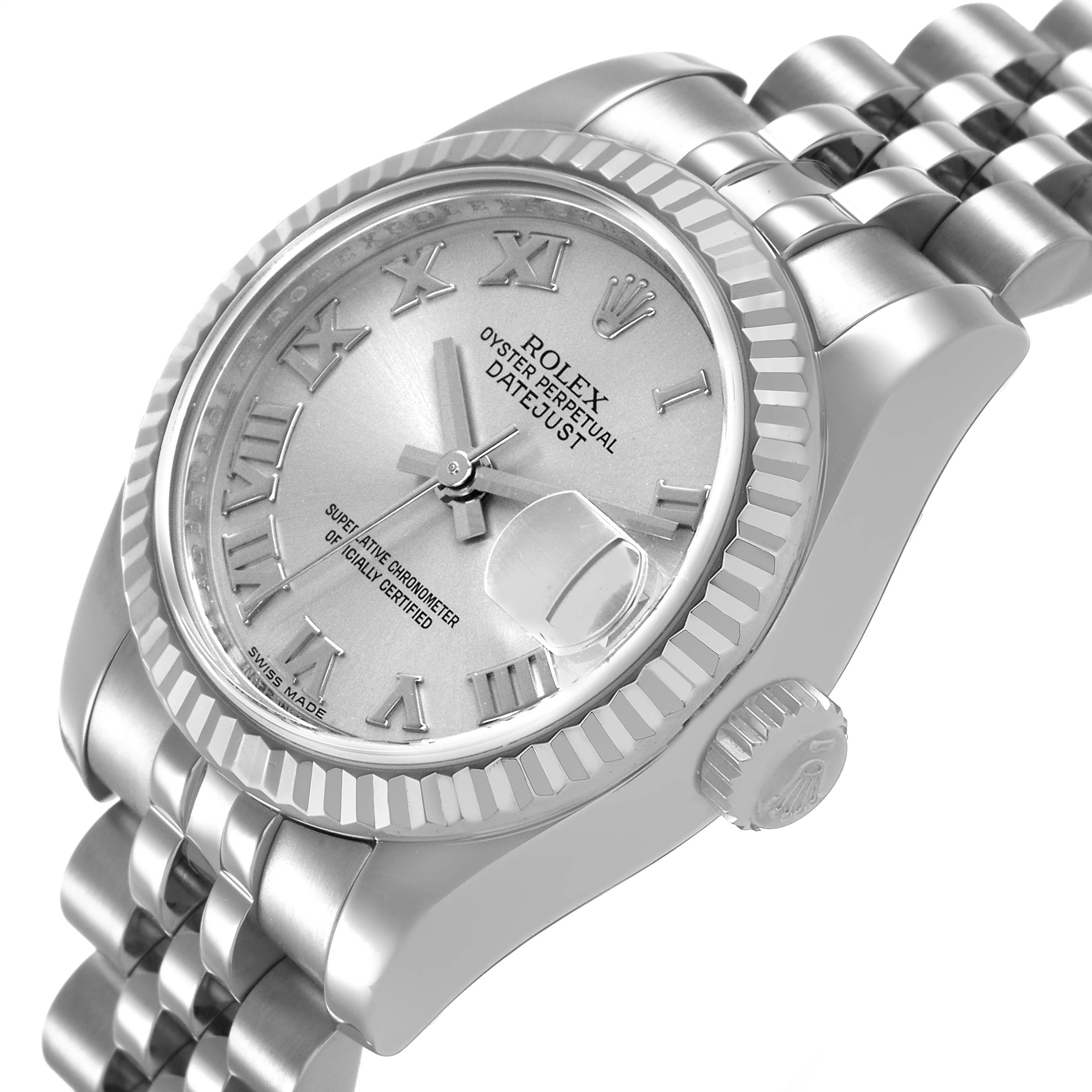 The Rolex Datejust 179174 Women's Stainless Steel Silver Dial watch is shown at an angled side view highlighting the face, bezel, crown, and part of the bracelet.