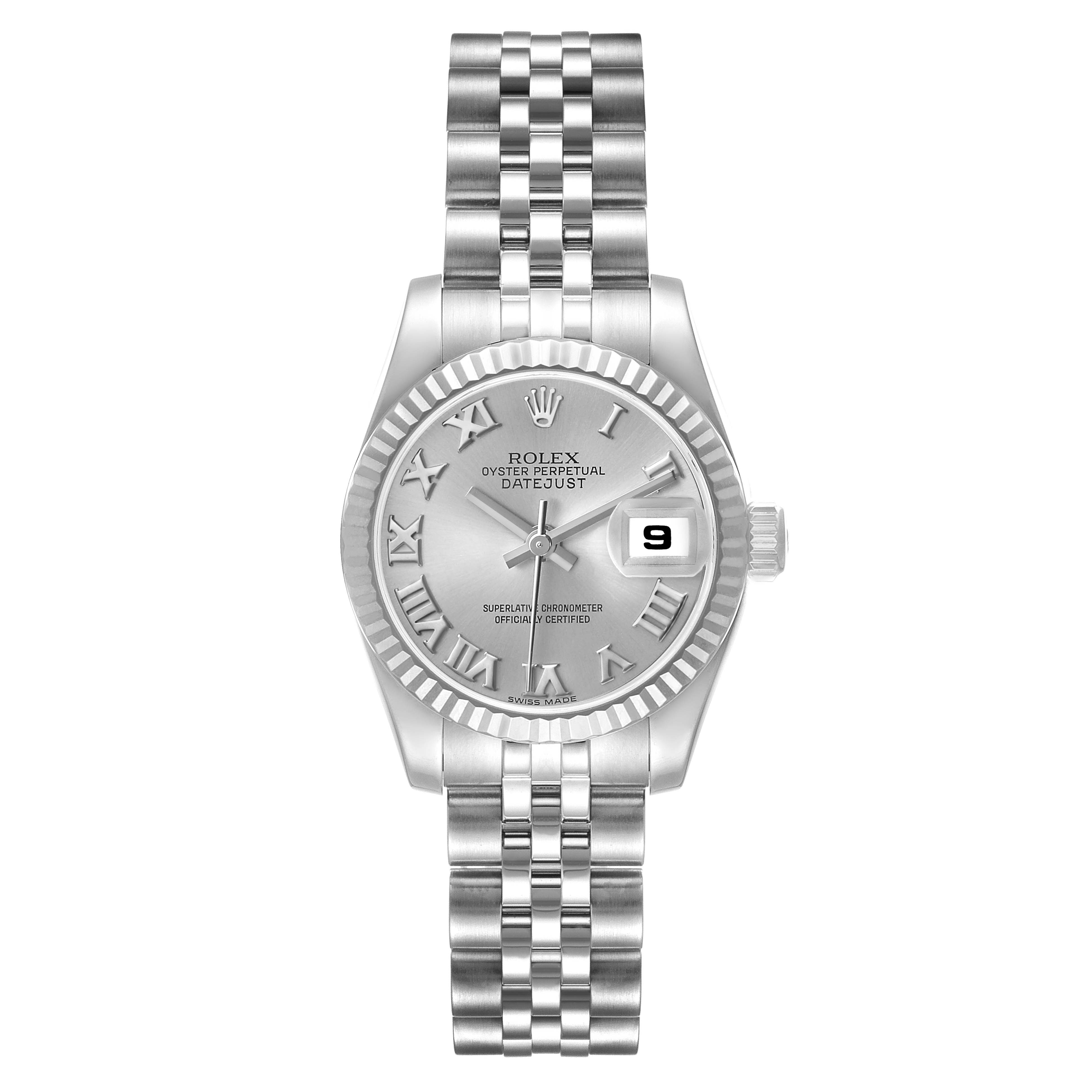 The Rolex Datejust 179174 Women's Stainless Steel Silver Dial watch is shown from a front angle, displaying its dial, bezel, bracelet, and date window.