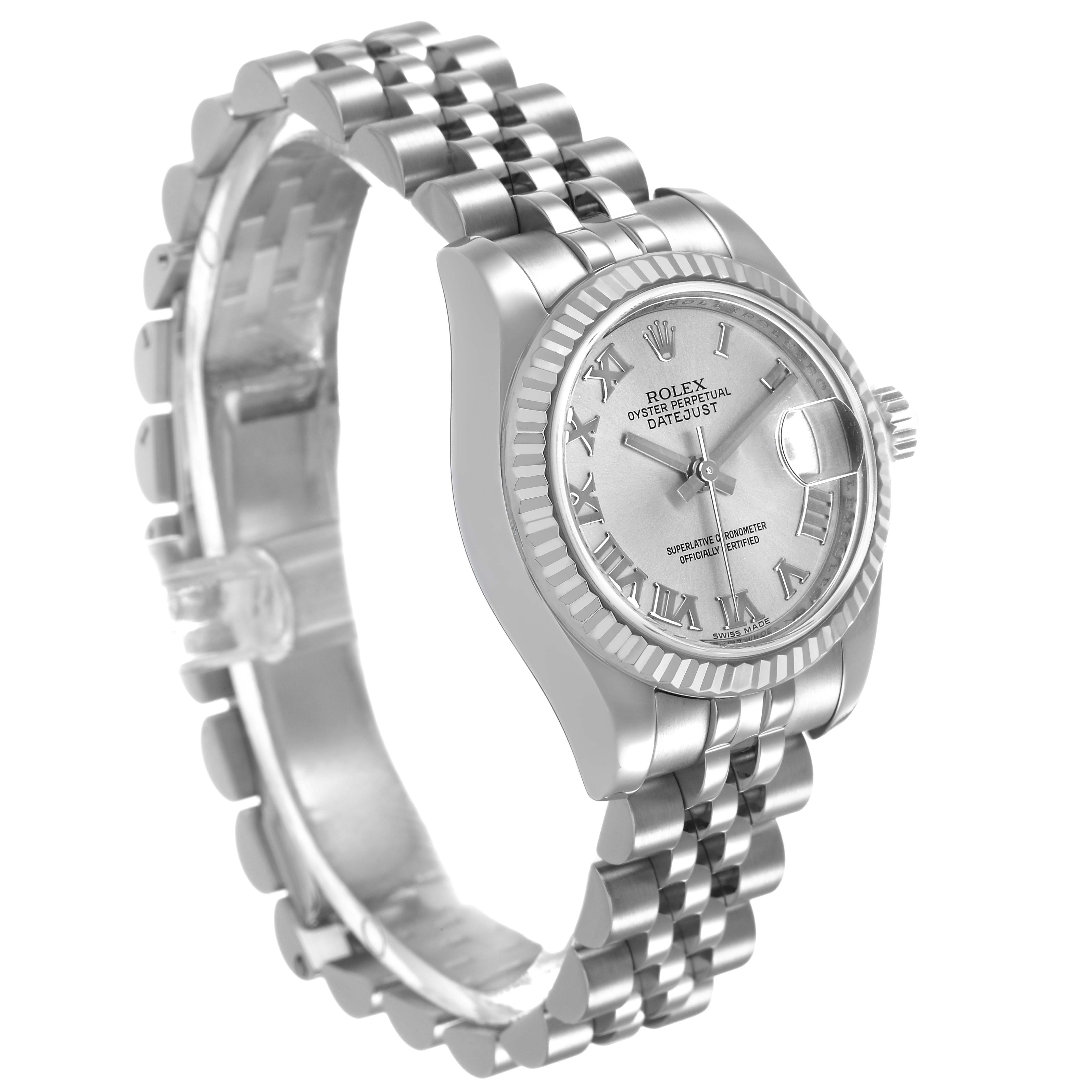 The Rolex Datejust 179174 Women's Stainless Steel Silver Dial watch is shown at a three-quarter angle, highlighting the dial, bezel, and Jubilee bracelet.