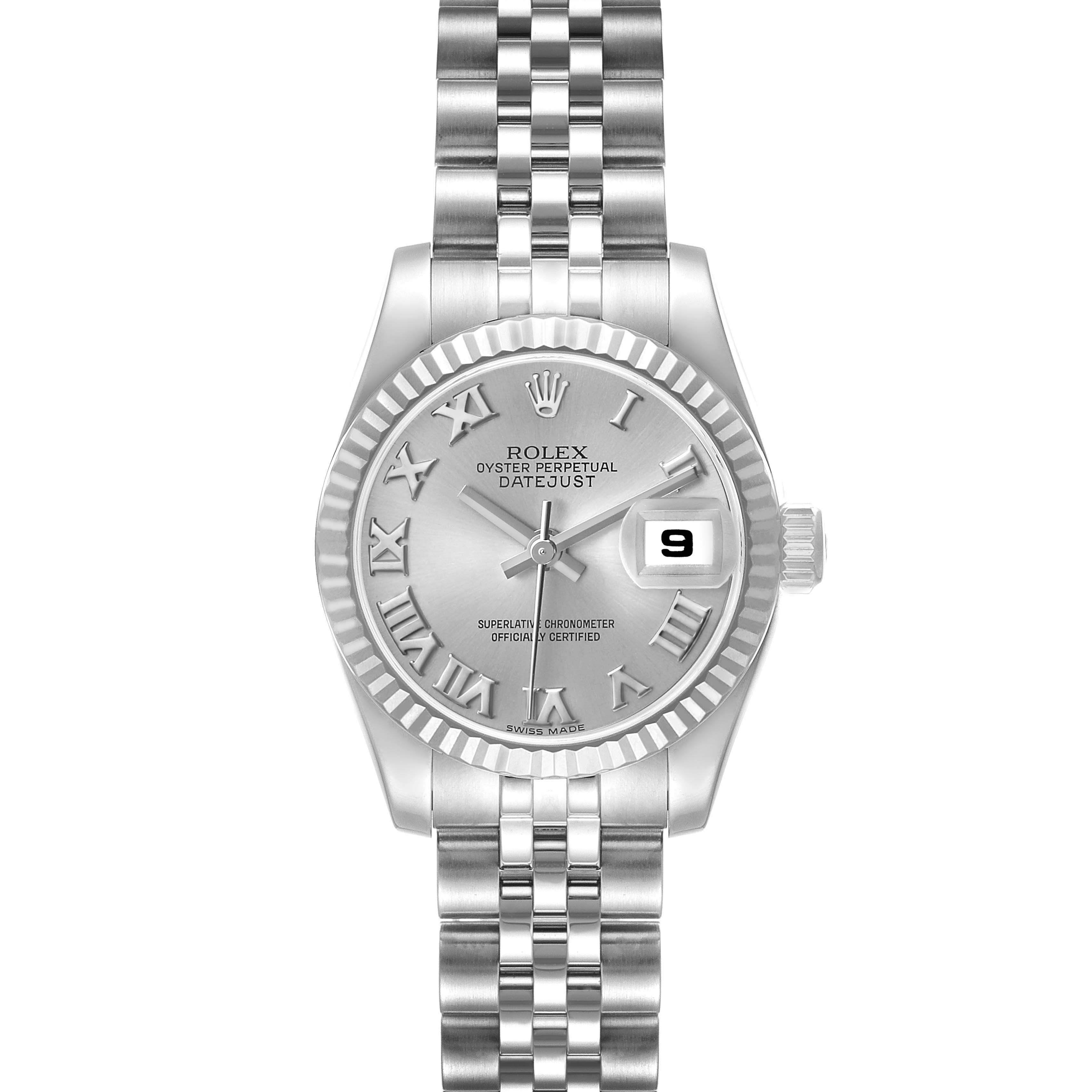 The Rolex Datejust 179174 Women's Stainless Steel Silver Dial watch is shown from the front, displaying the dial, bracelet, and fluted bezel.