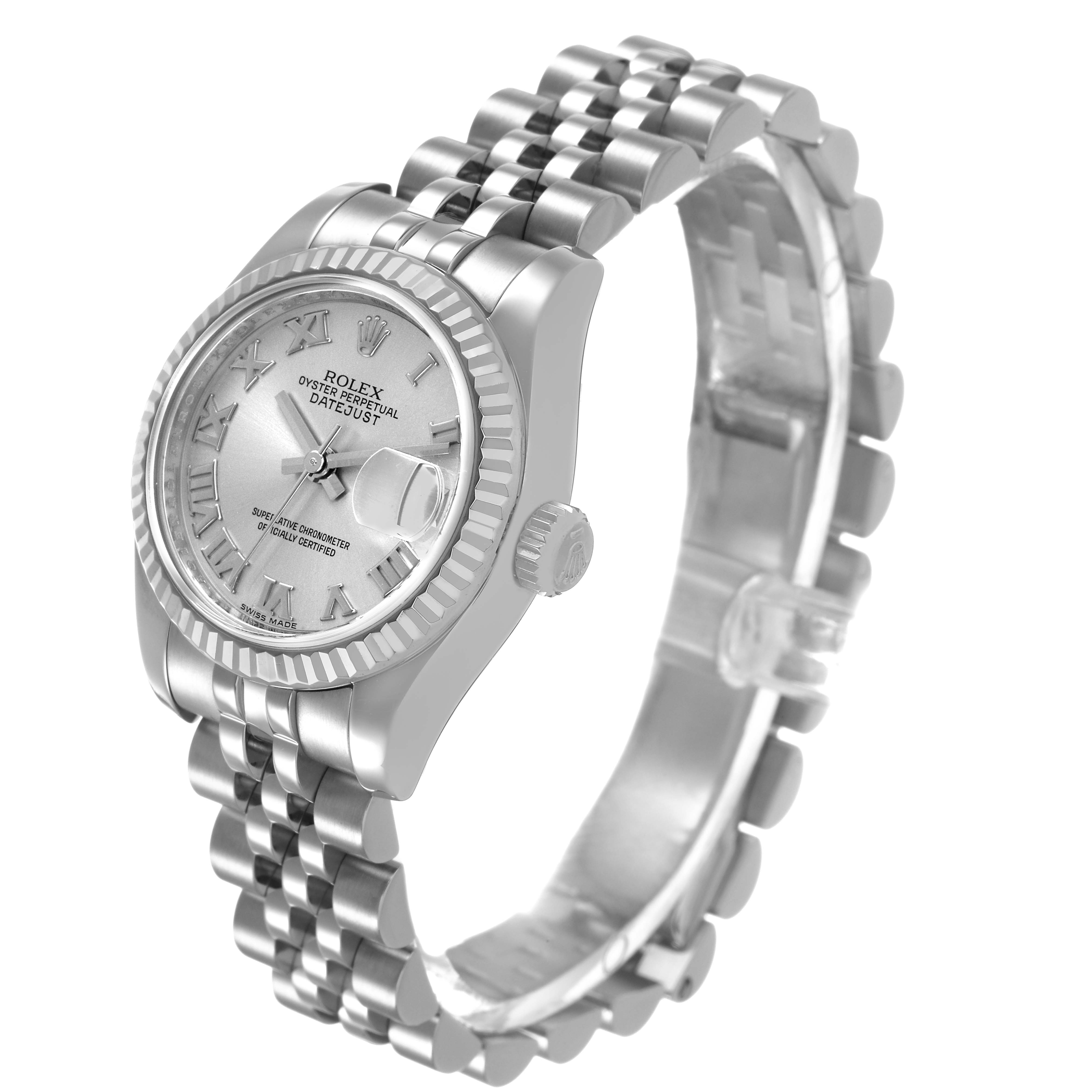 The Rolex Datejust 179174 Women's Stainless Steel Silver Dial watch is shown at a slight side angle, highlighting the face, bezel, crown, and jubilee bracelet.